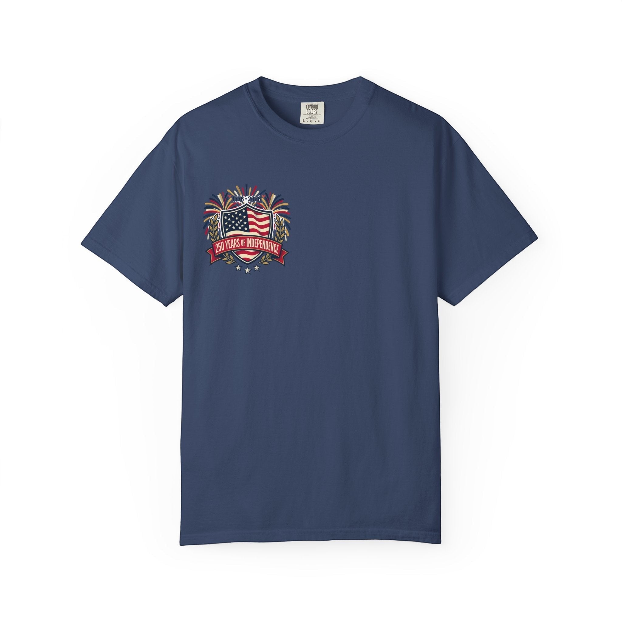 Naughty250 navy blue 100% cotton t-shirt with "250 Years of Independence" graphic on chest.