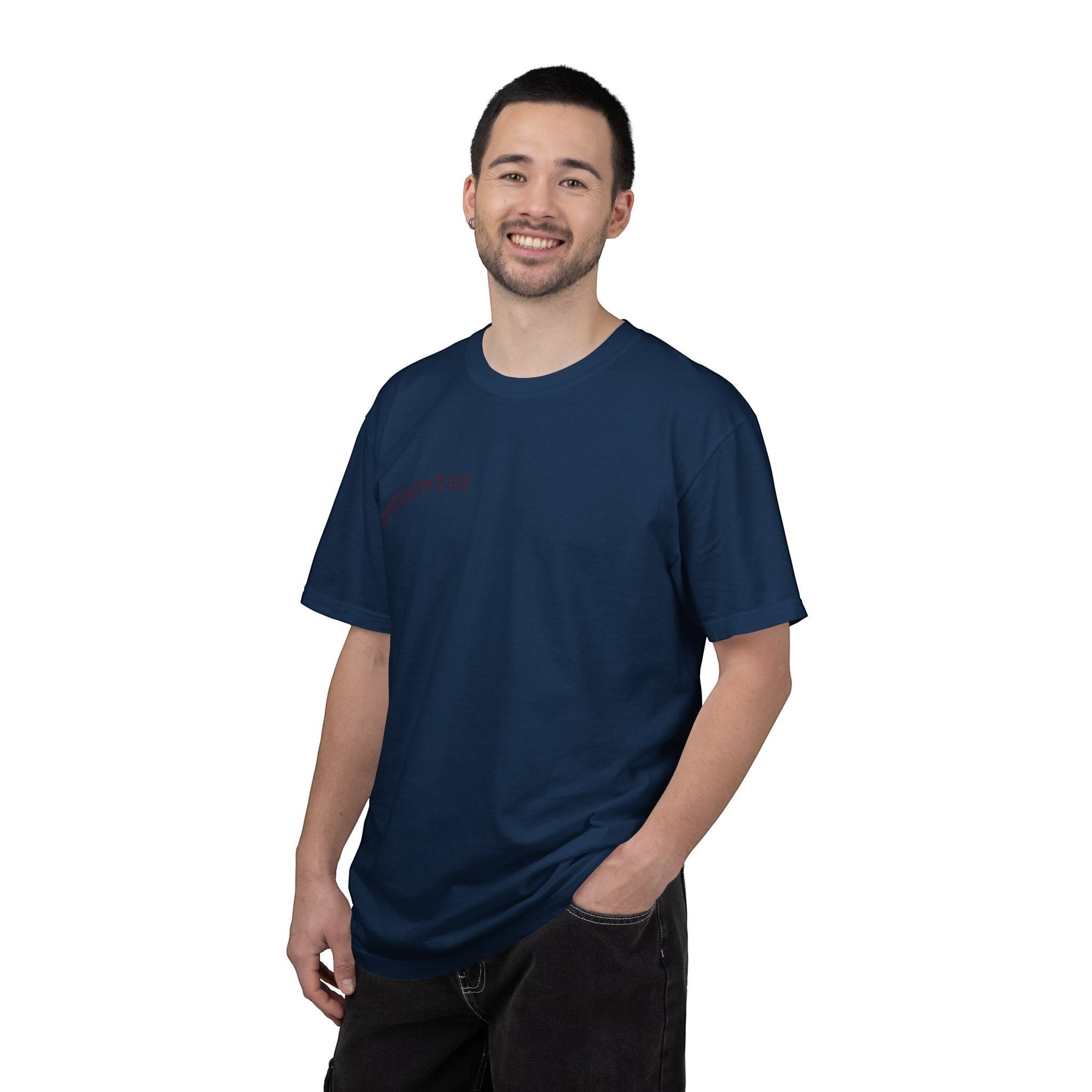 Naughty250 navy blue heavyweight cotton t-shirt with "Still Shooting 250 America" graphic on chest.