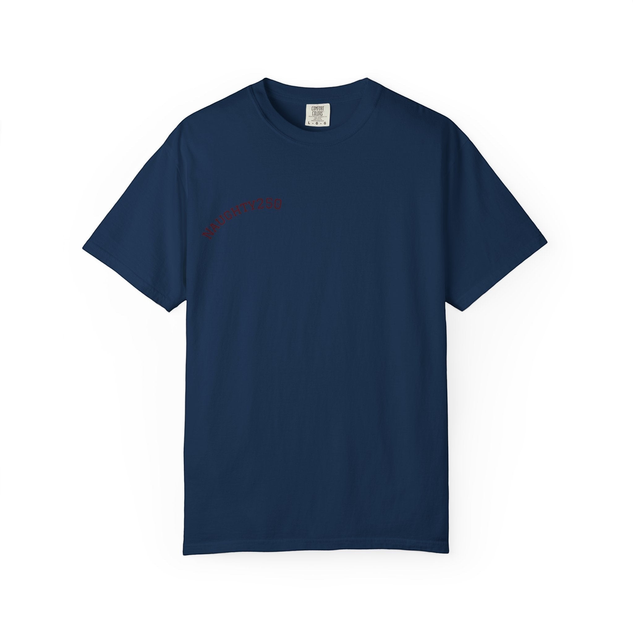Naughty250 navy blue heavyweight cotton t-shirt with "Still Shooting 250" graphic on chest.