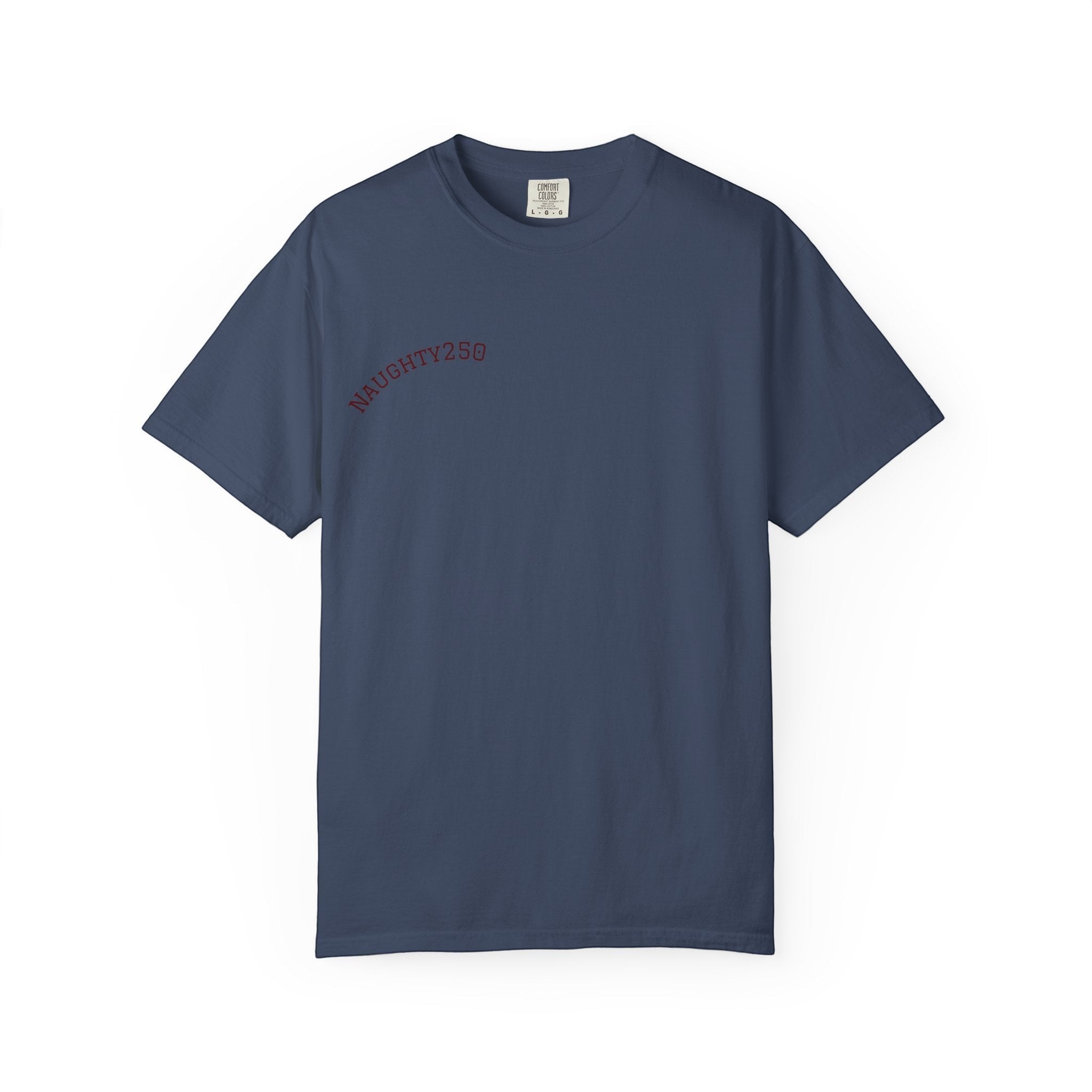 Naughty250 navy blue heavyweight cotton t-shirt with a vintage patriotic graphic on the back.