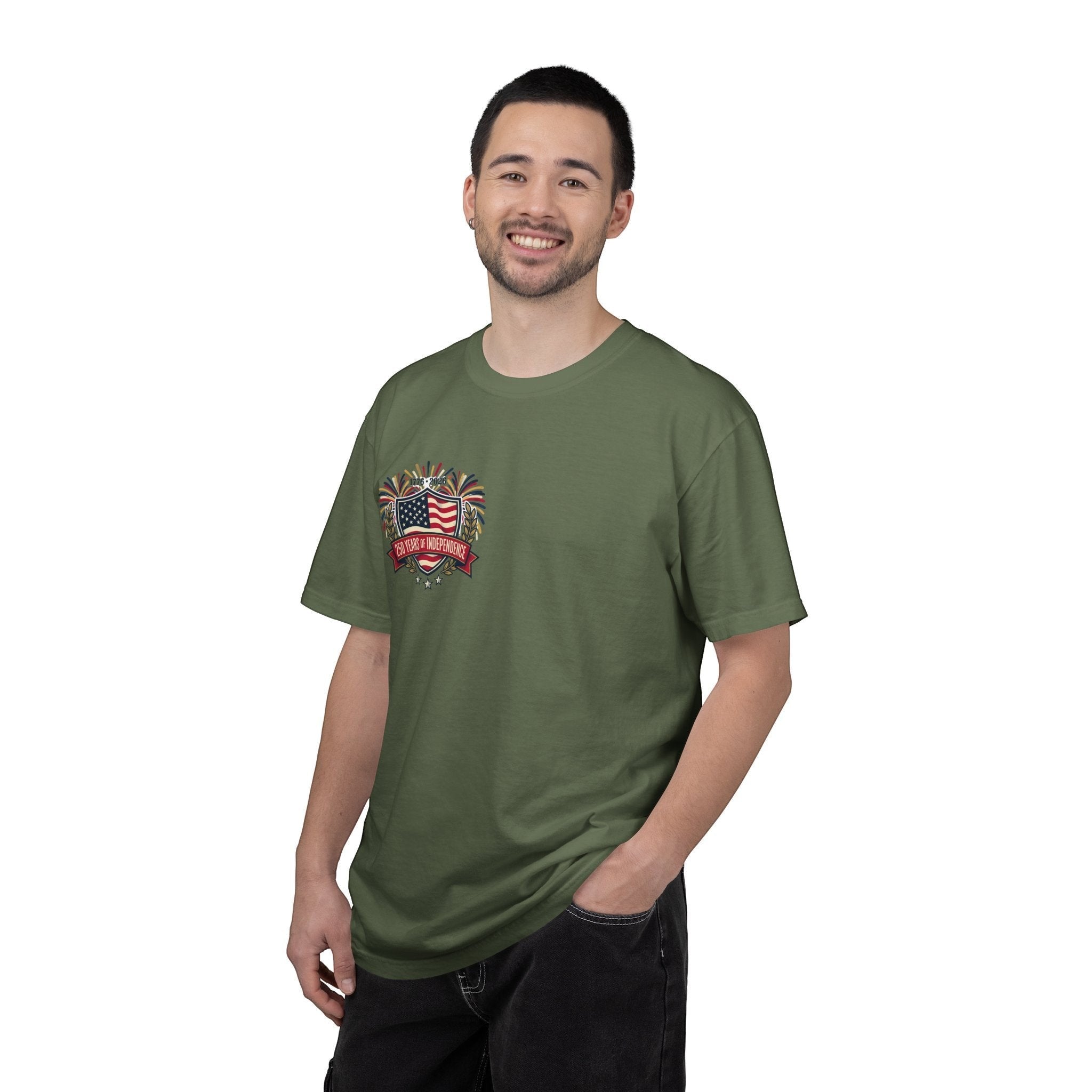 Naughty250 olive green 100% cotton t-shirt with "250 Years of Independence" graphic on chest.