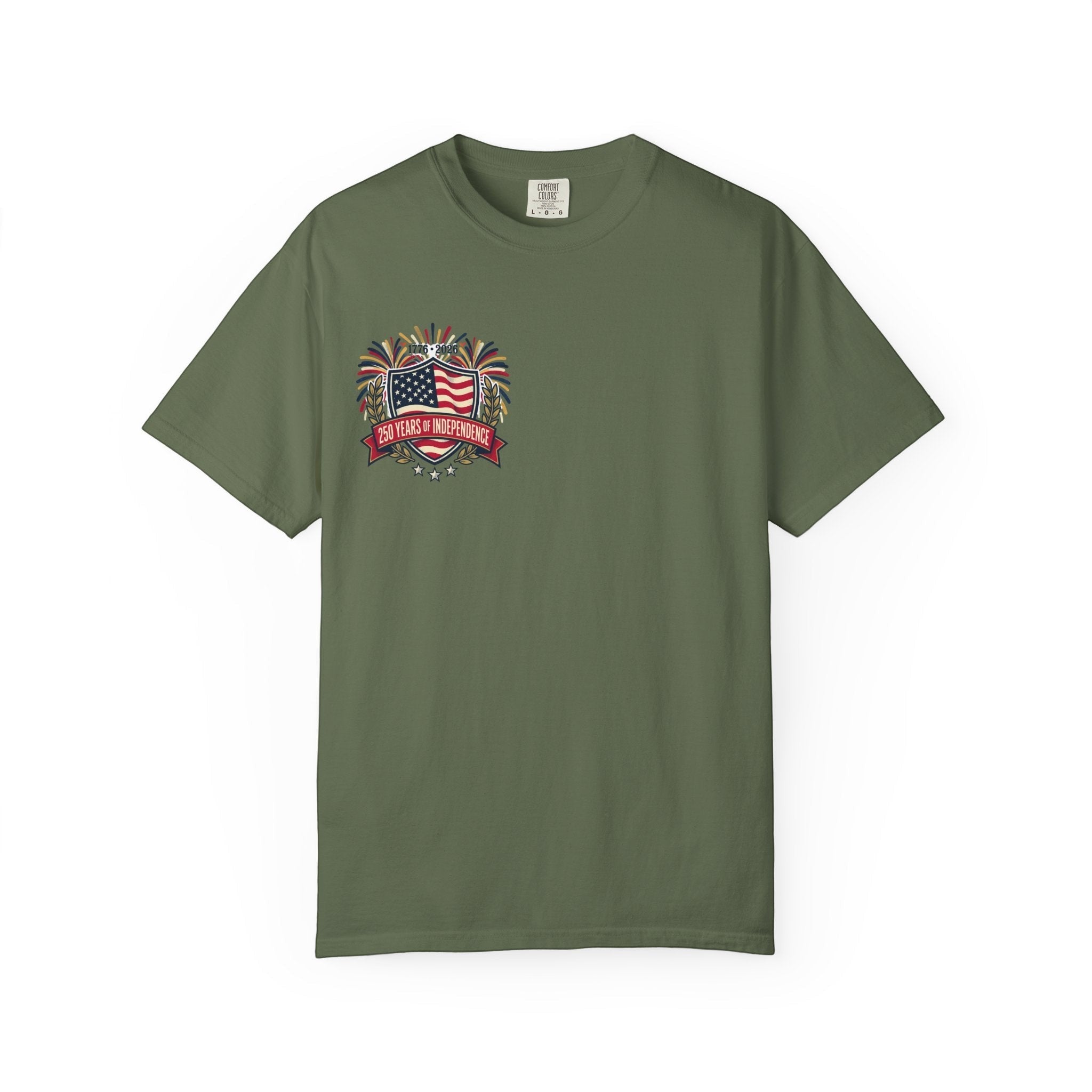 Naughty250 olive green 100% cotton t-shirt with "250 Years of Independence" graphic and American flag.