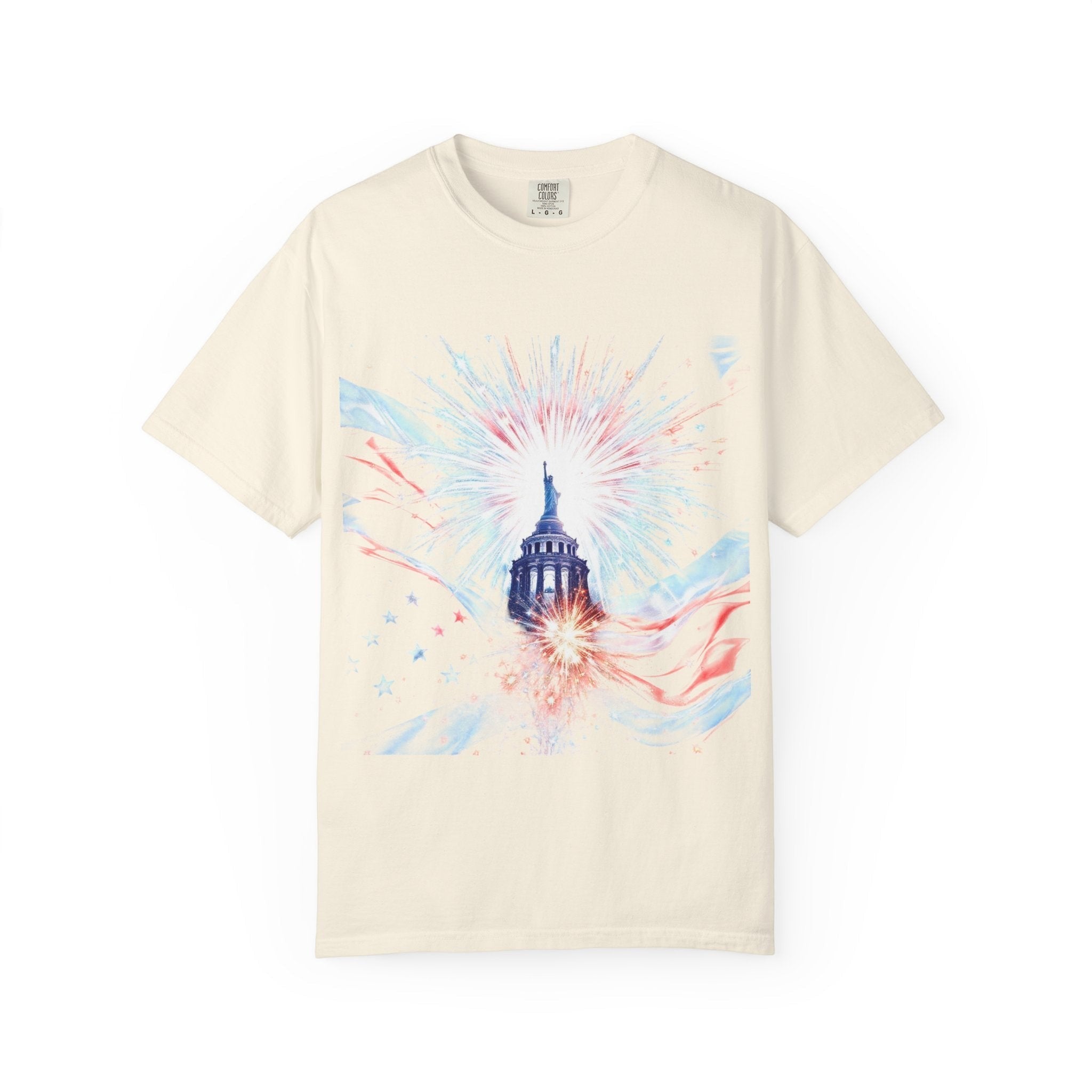 Naughty250 cream heavyweight cotton t-shirt with patriotic Capitol dome and fireworks graphic. Relaxed fit, crew neck.