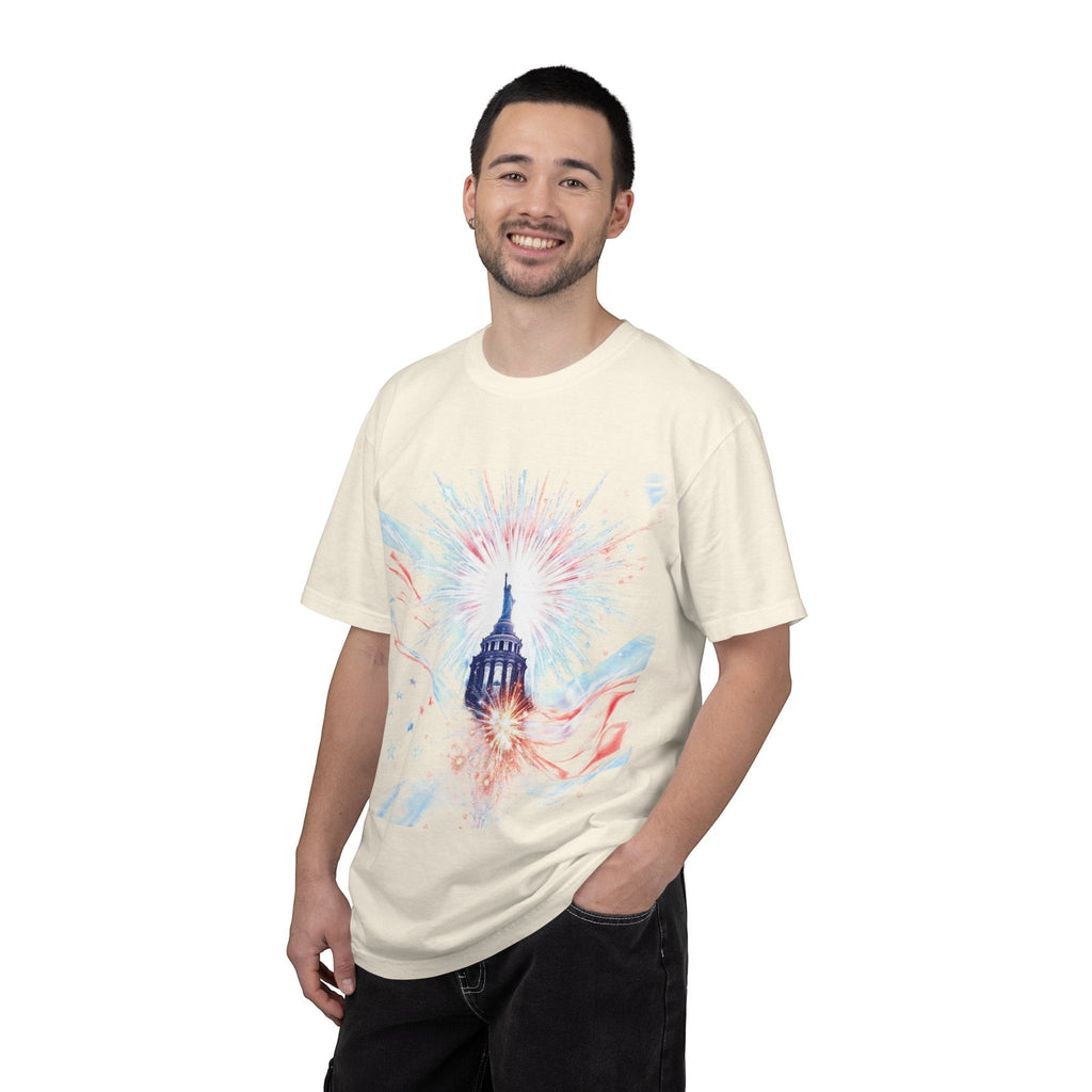 Naughty250 cream heavyweight cotton t-shirt with patriotic Capitol dome and fireworks graphic print.