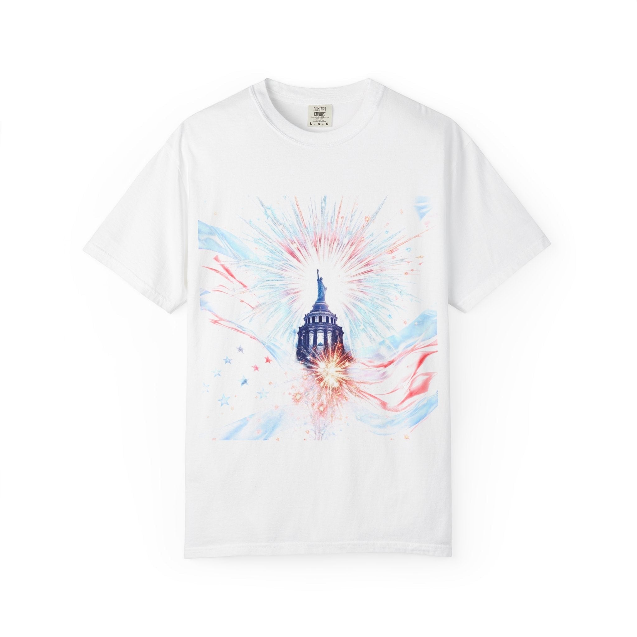 Naughty250 white cotton t-shirt with patriotic Capitol dome and fireworks graphic. Features red, white, and blue watercolor design.