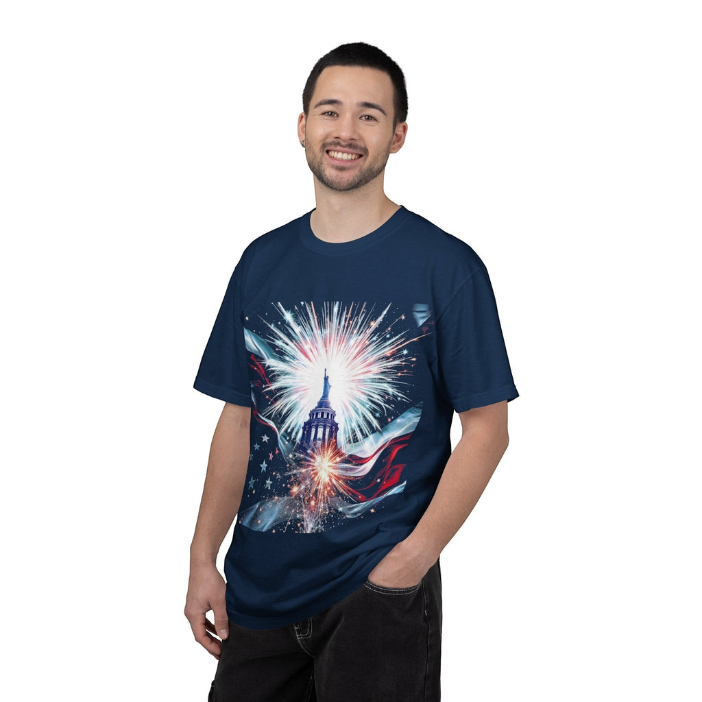 Naughty250 navy blue 100% cotton patriotic t-shirt with fireworks and capitol dome graphic. Relaxed fit, heavyweight tee.