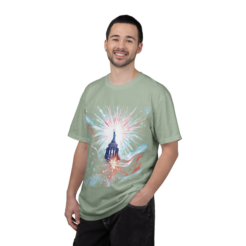 Naughty250 Capitol dome with fireworks graphic on a sage green, 100% cotton, garment-dyed t-shirt.
