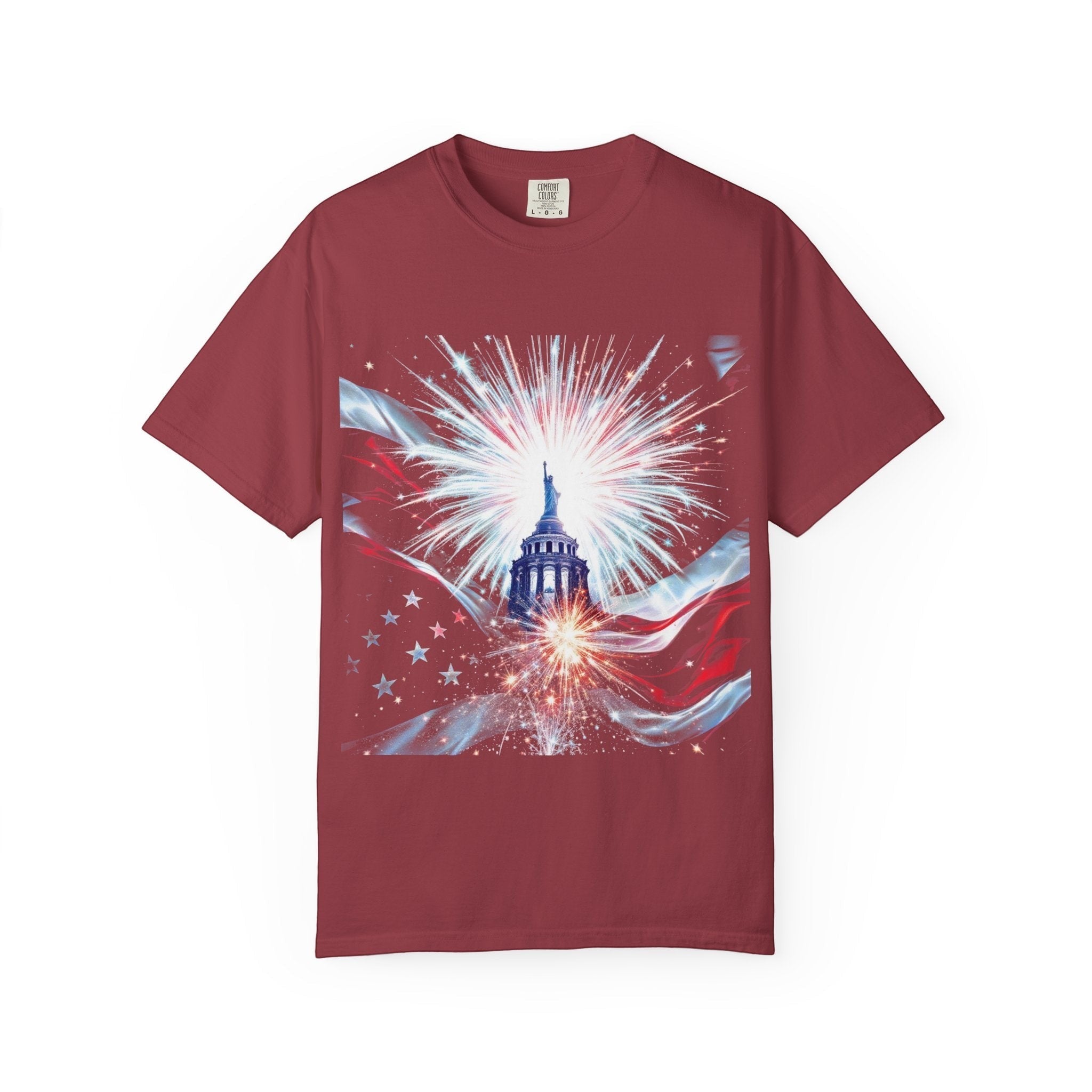 Naughty250 patriotic t-shirt with fireworks and US Capitol graphic on heavyweight cotton.
