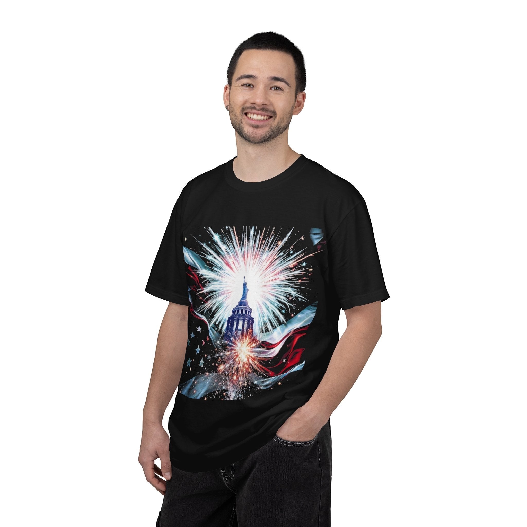 Naughty250 black cotton t-shirt with patriotic Capitol dome and fireworks graphic. Relaxed fit, heavyweight cotton.