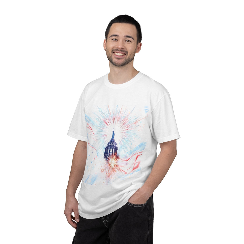 Naughty250 white cotton t-shirt with patriotic Capitol dome and fireworks graphic. Relaxed fit, 4th of July tee.