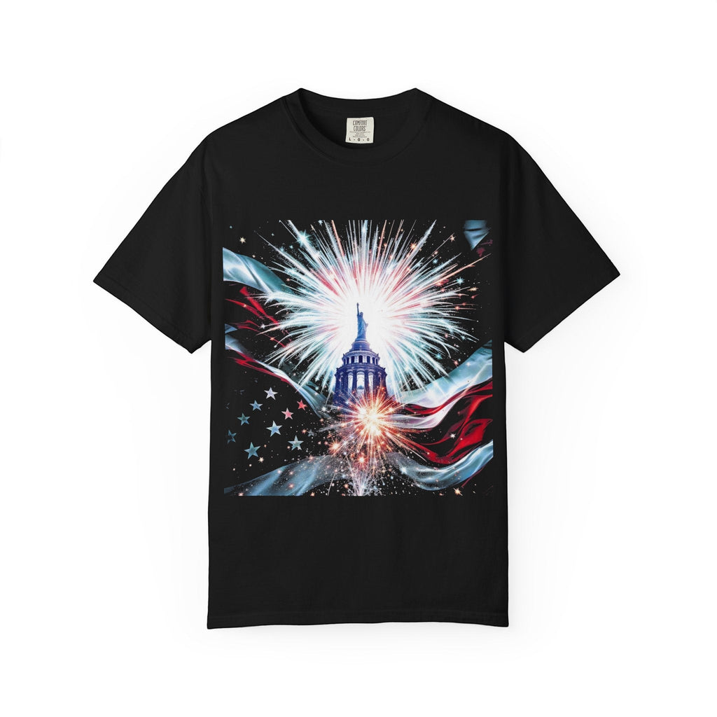 Naughty250 black cotton t-shirt with patriotic Capitol dome and fireworks graphic, US flag accents.