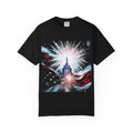 Naughty250 black cotton t-shirt with patriotic Capitol dome and fireworks graphic, US flag accents.
