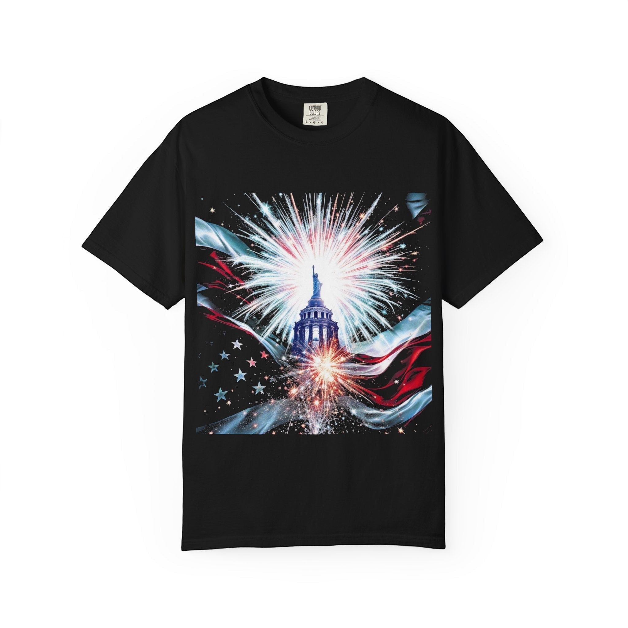 Naughty250 black cotton t-shirt with patriotic Capitol dome and fireworks graphic, US flag accents.
