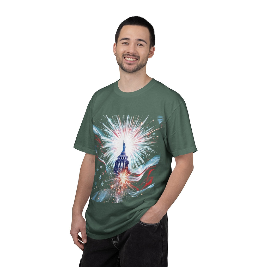 Naughty250 patriotic Capitol dome and fireworks graphic tee, heavyweight cotton, relaxed fit, garment-dyed green.