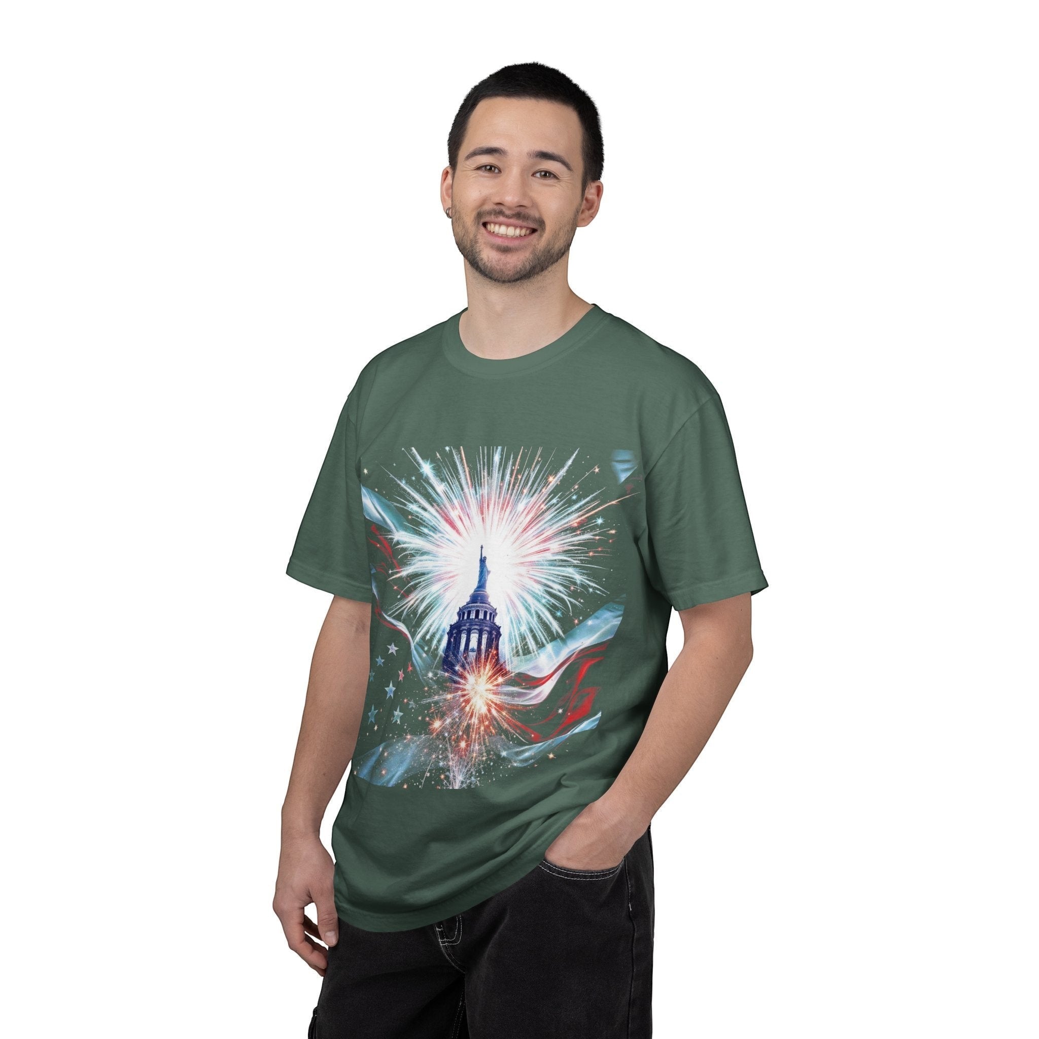 Naughty250 patriotic Capitol dome and fireworks graphic tee, heavyweight cotton, relaxed fit, garment-dyed green.