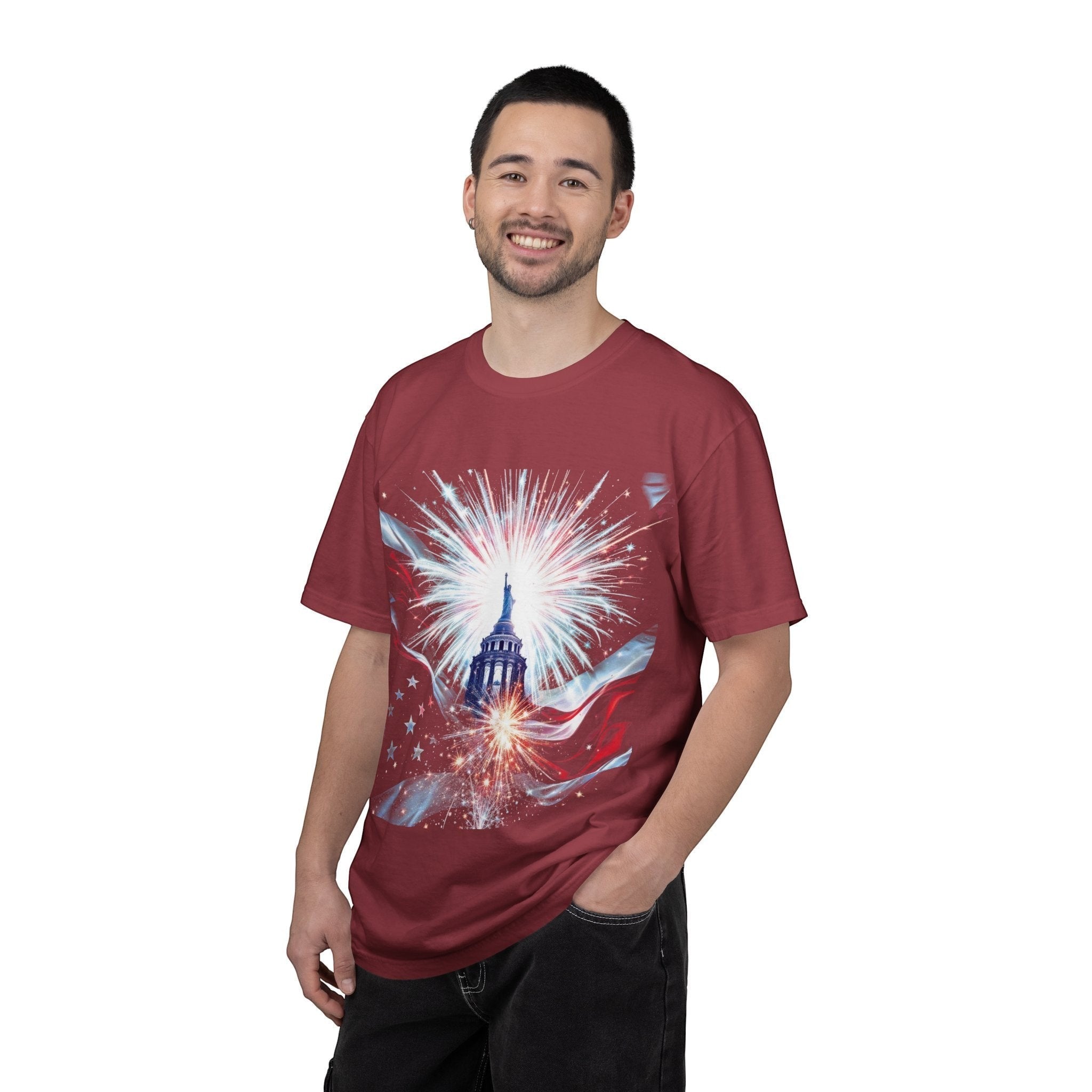 Naughty250 patriotic Capitol dome and fireworks graphic tee in maroon heavyweight cotton.