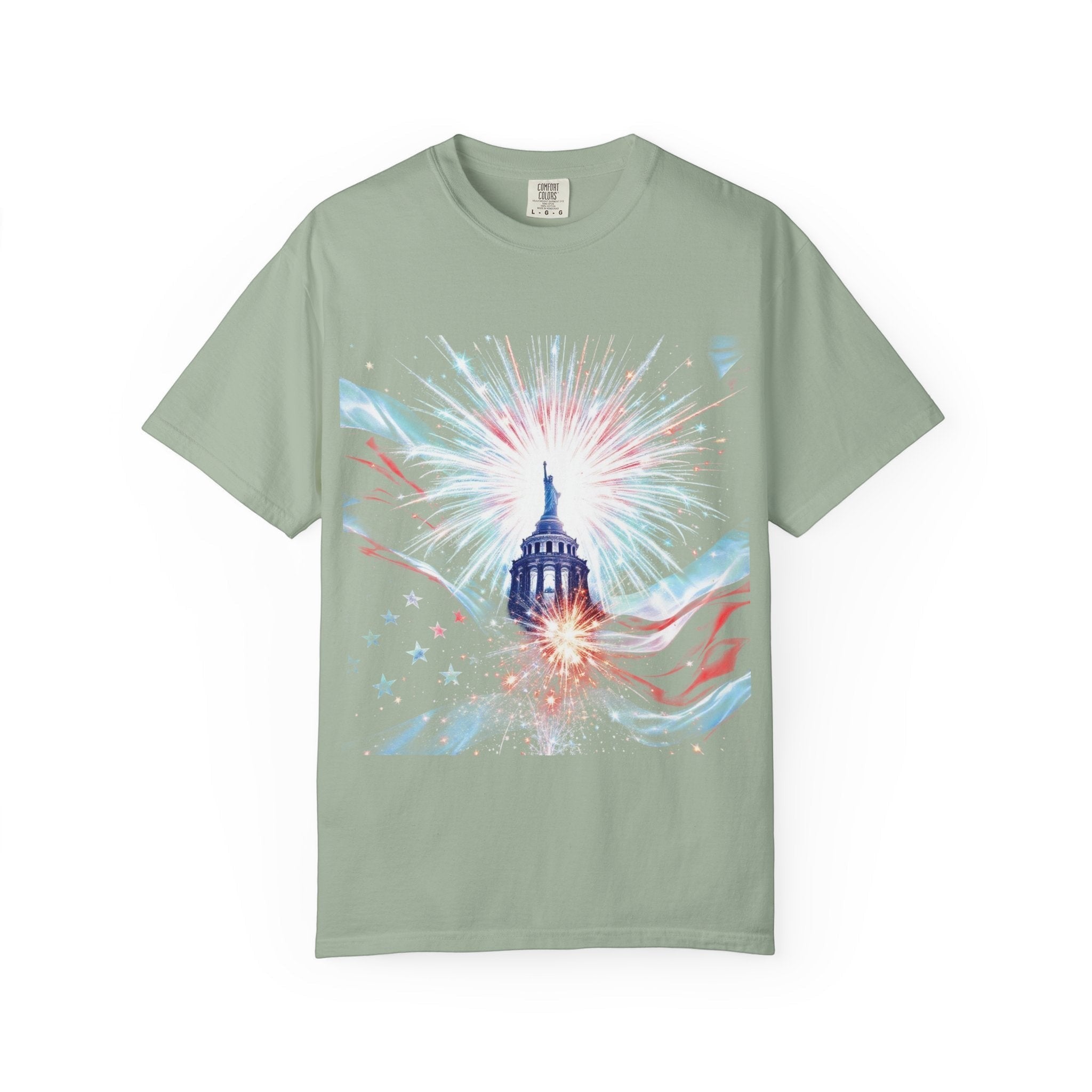 Naughty250 patriotic Capitol dome and fireworks graphic tee in sage green heavyweight cotton.