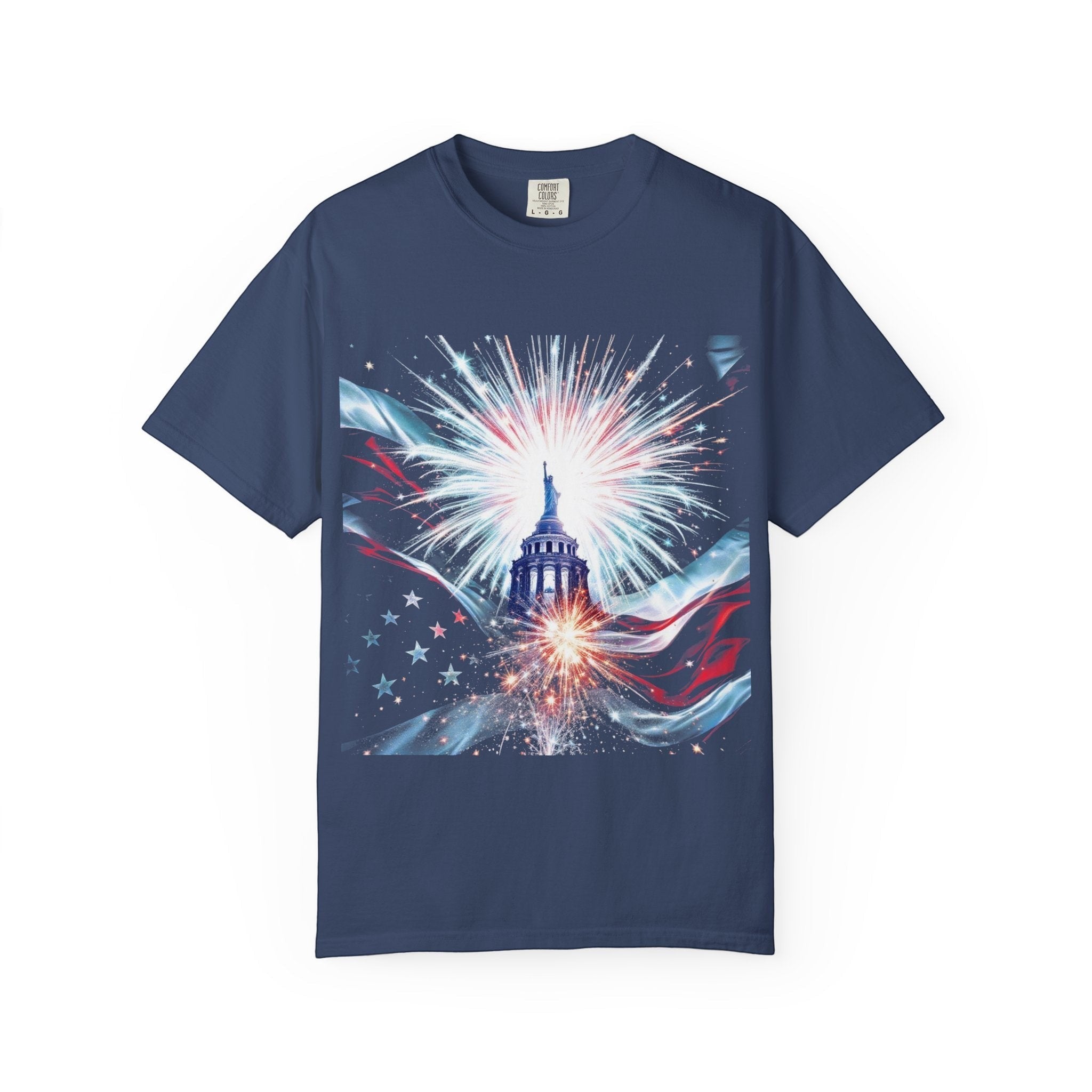 Naughty250 navy blue cotton t-shirt with patriotic Capitol dome and fireworks graphic. Features US flag elements.