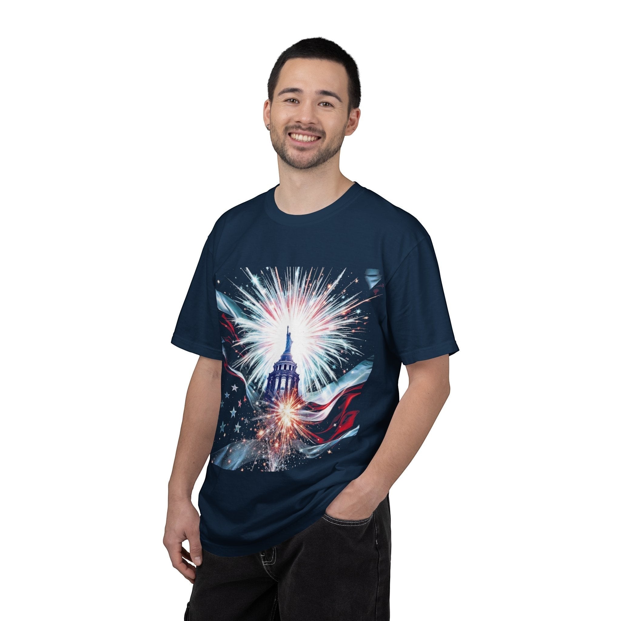 Naughty250 navy blue 100% cotton patriotic t-shirt with fireworks and capitol dome graphic. Relaxed fit, heavyweight tee.