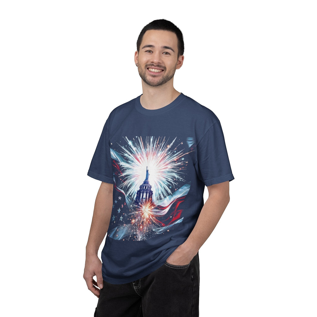 Naughty250 navy blue cotton t-shirt with patriotic Capitol dome and fireworks graphic. Relaxed fit, heavyweight cotton.