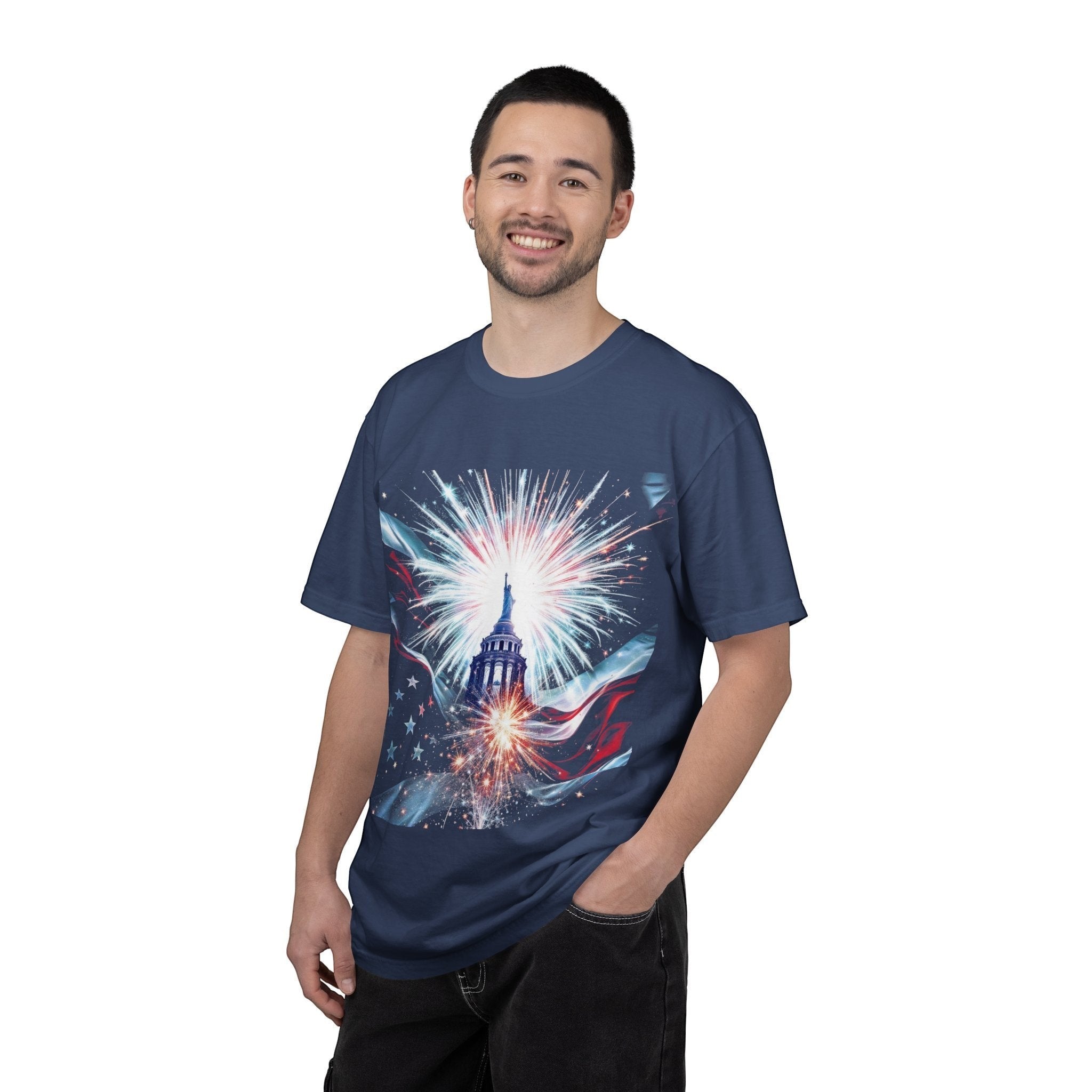 Naughty250 navy blue cotton t-shirt with patriotic Capitol dome and fireworks graphic. Relaxed fit, heavyweight cotton.