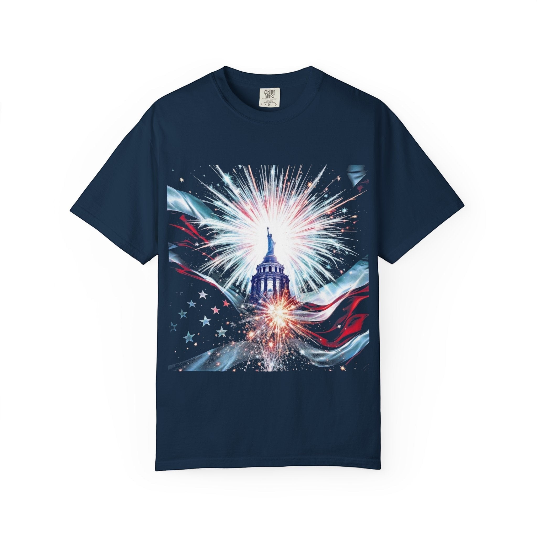 Naughty250 navy blue 100% cotton t-shirt with patriotic Capitol dome, fireworks, and American flag graphic.