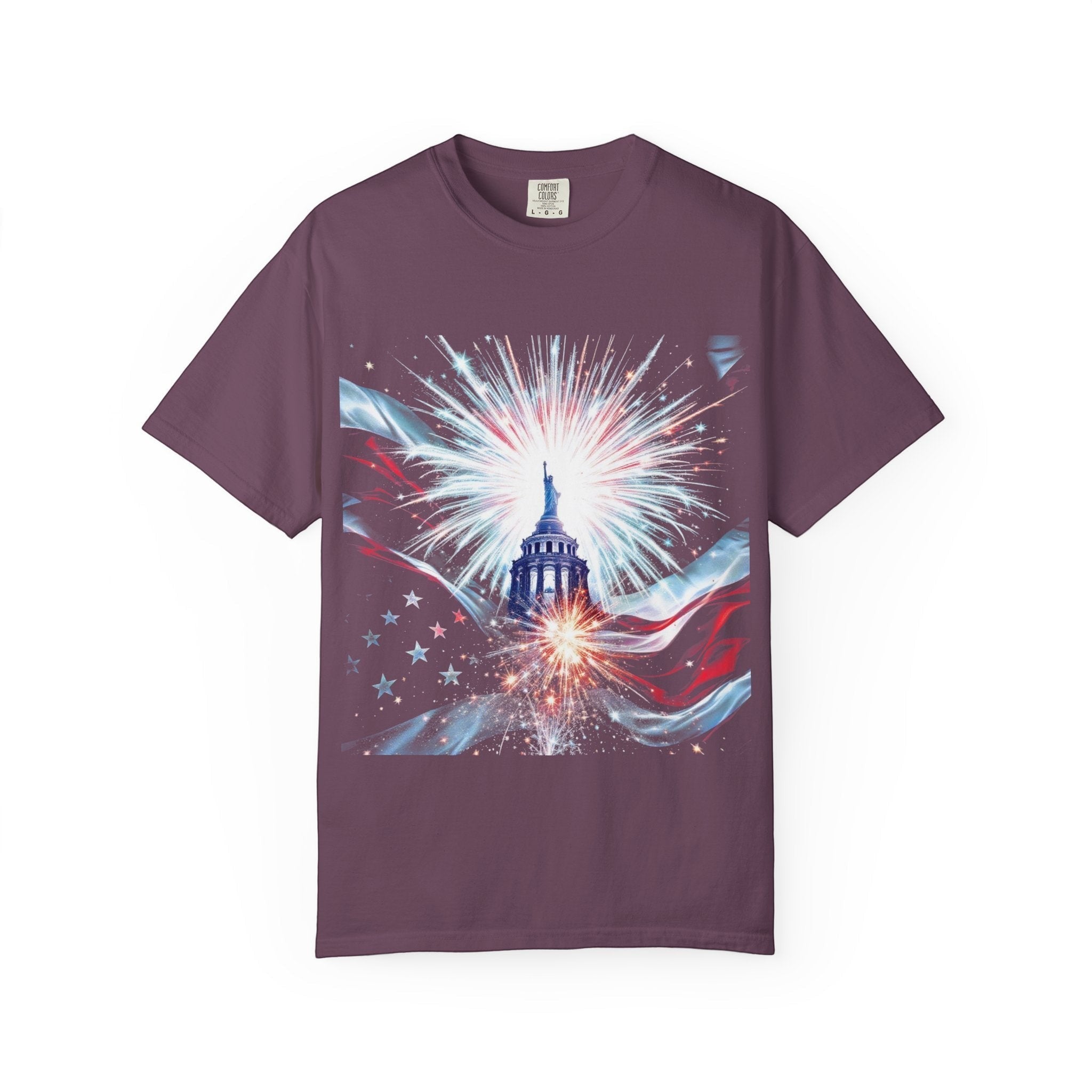 Naughty250 patriotic Capitol dome and fireworks graphic tee in plum. 100% cotton, relaxed fit.