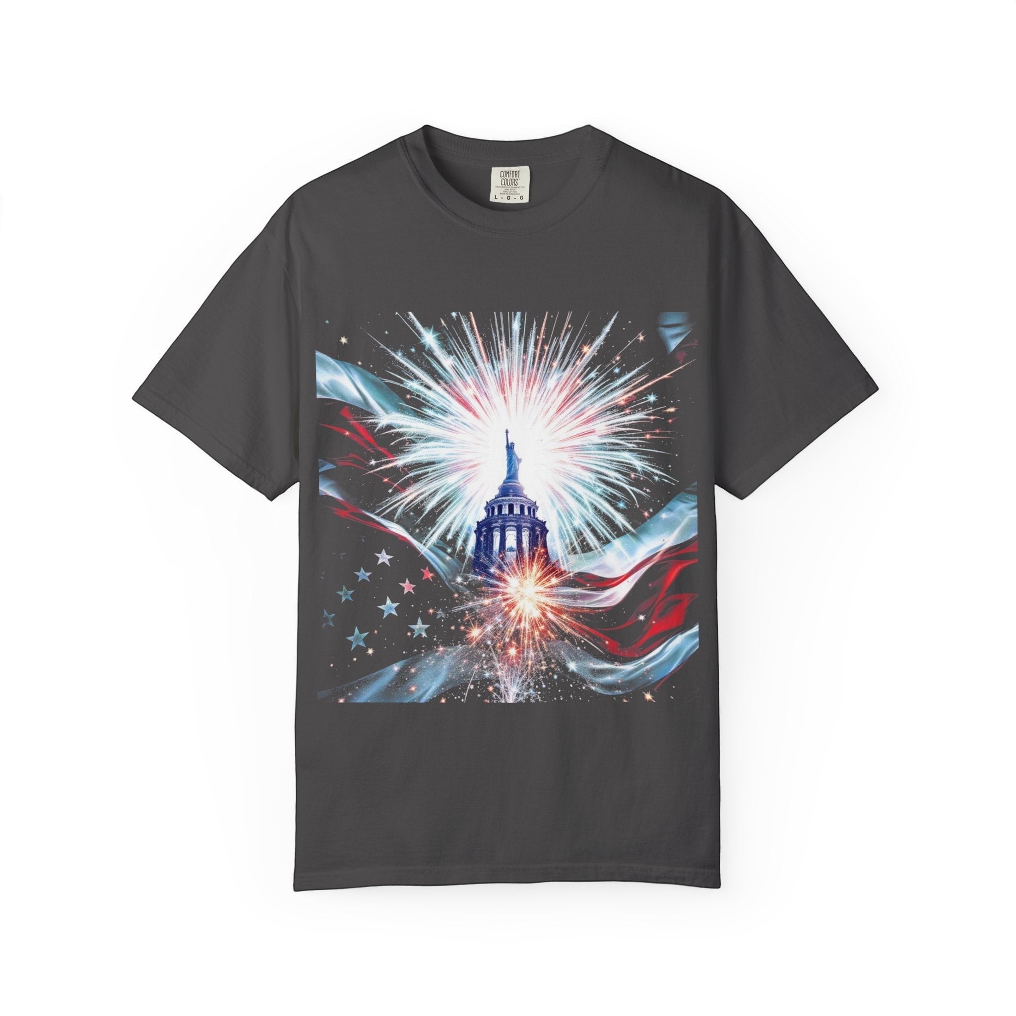 Naughty250 Capitol dome with fireworks and American flag graphic on a dark grey 100% cotton t-shirt.
