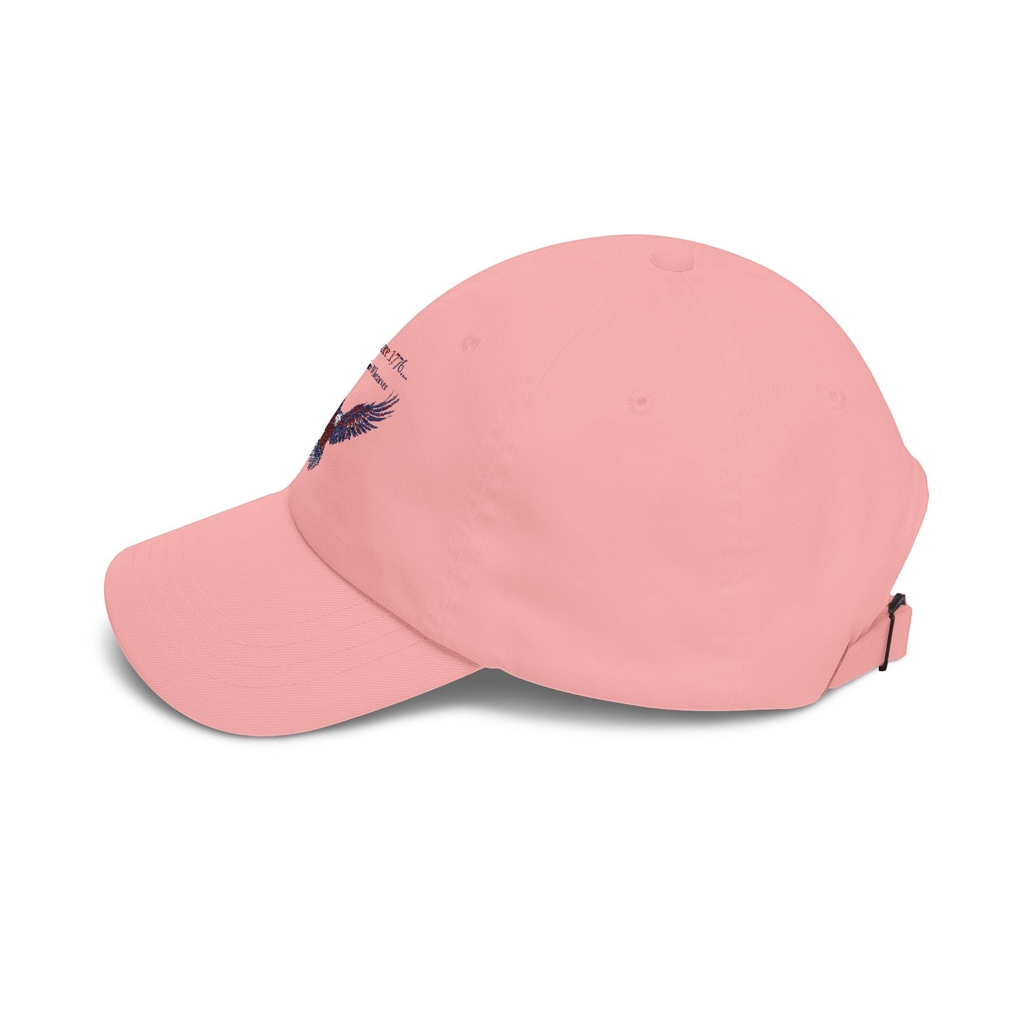 Naughty250 pink 100% cotton dad cap with embroidered eagle and "1776..." text. Features low-profile fit and antique brass buckle.