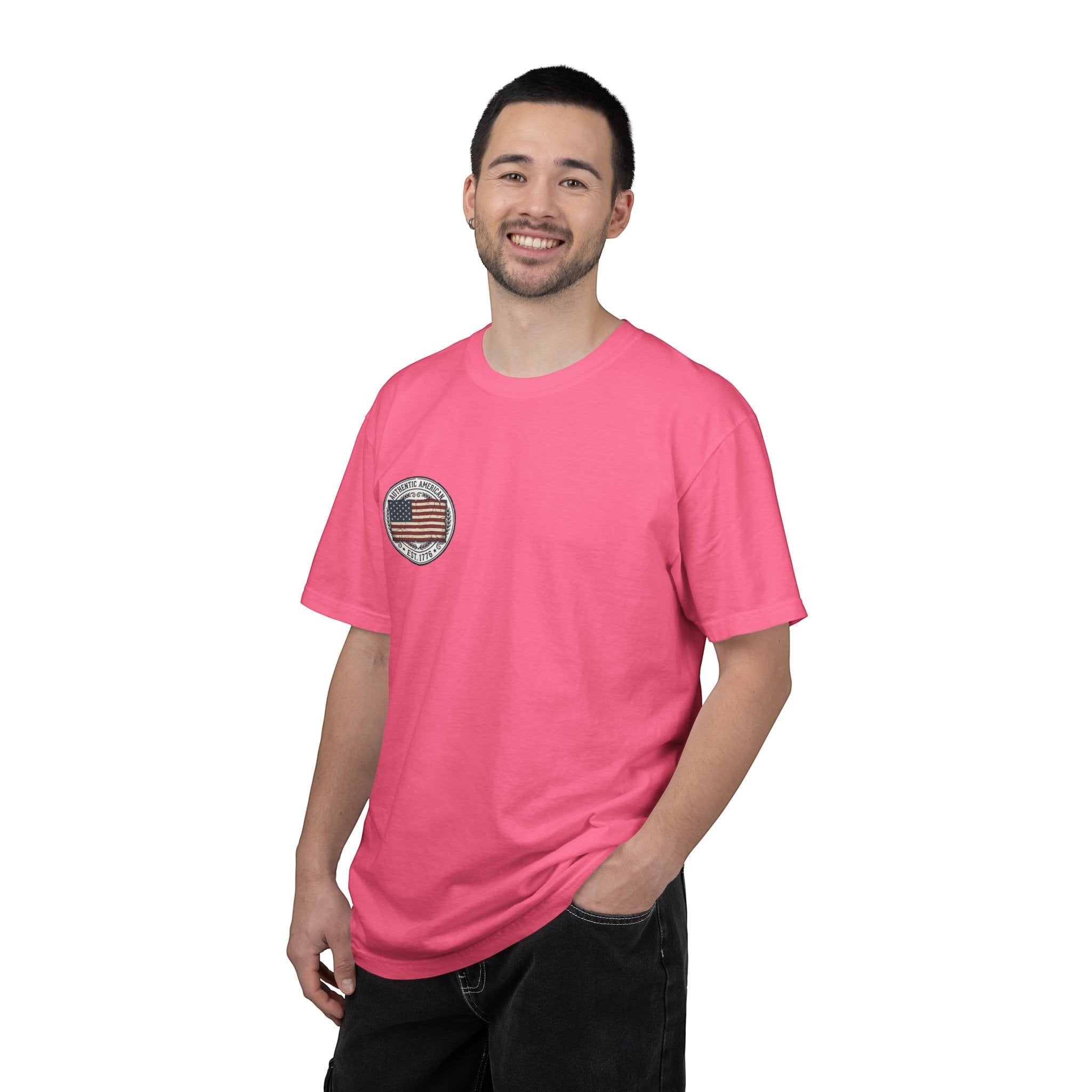 Naughty250 pink cotton t-shirt with vintage American flag graphic and "Authentic American Est. 1776" text.