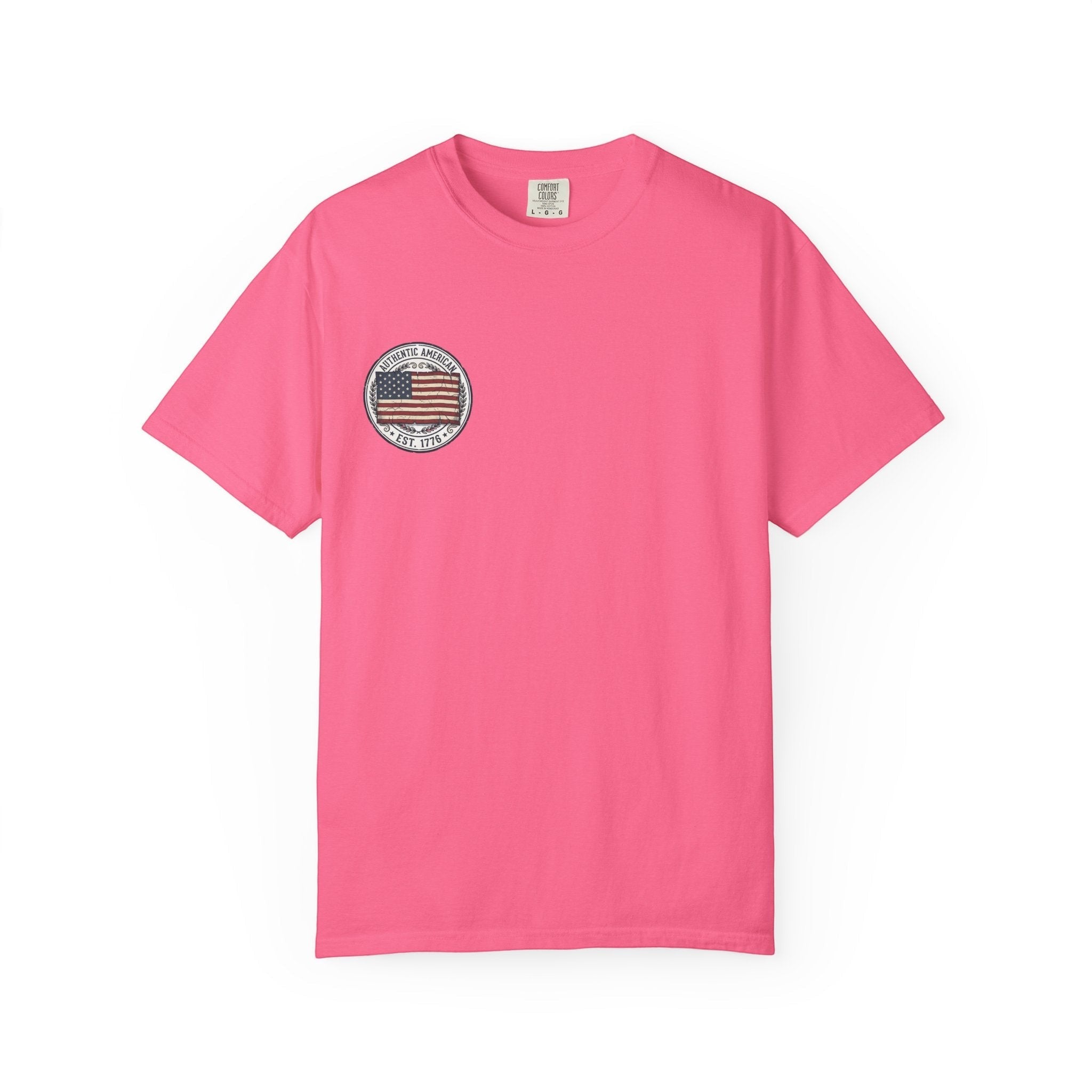 Naughty250 Authentic American Est. 1776 graphic tee in bright pink, 100% US cotton, relaxed fit.