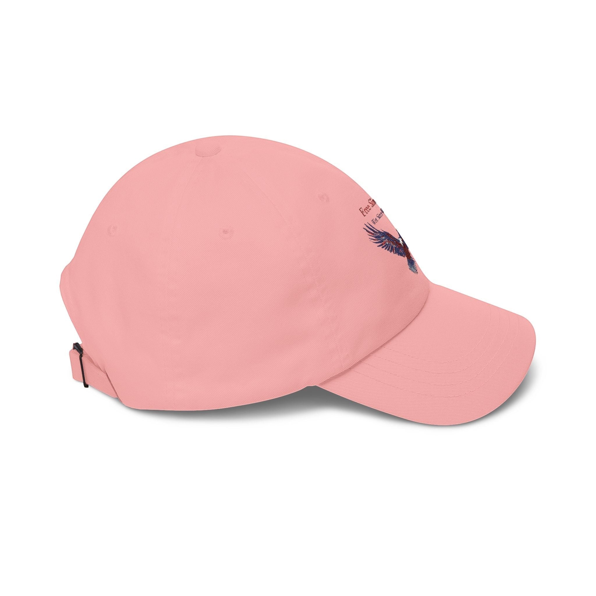 Naughty250 pink 100% cotton dad cap with eagle graphic and "Free Since 1776" text.