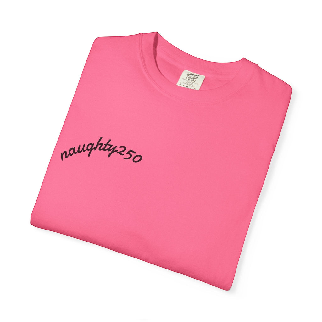 Naughty250 pink heavyweight cotton t-shirt with a relaxed fit and a cheeky patriotic graphic.