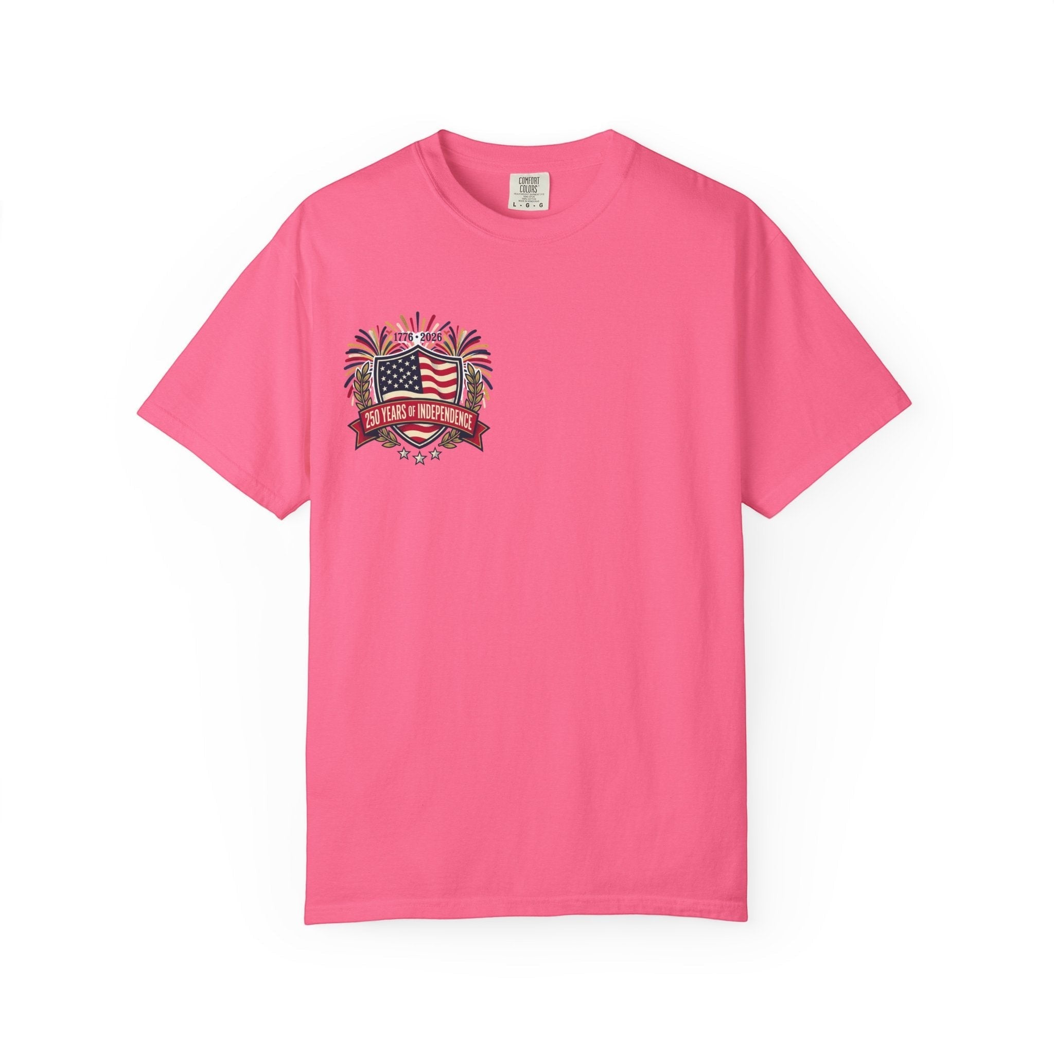 Naughty250 pink 100% cotton t-shirt with 250 Years of Independence graphic on chest.