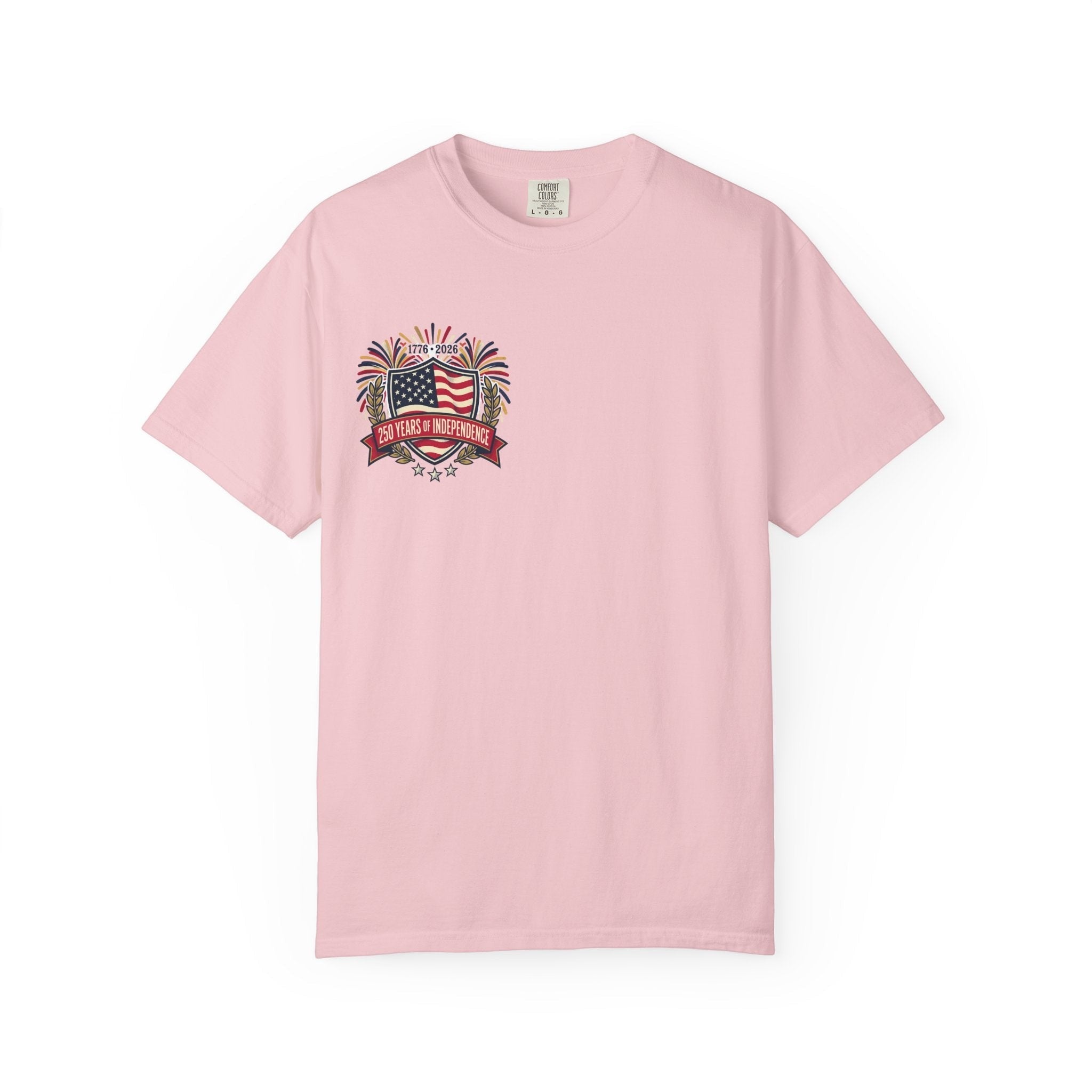 Naughty250 pink 100% cotton t-shirt with 250 Years of Independence graphic and fireworks.