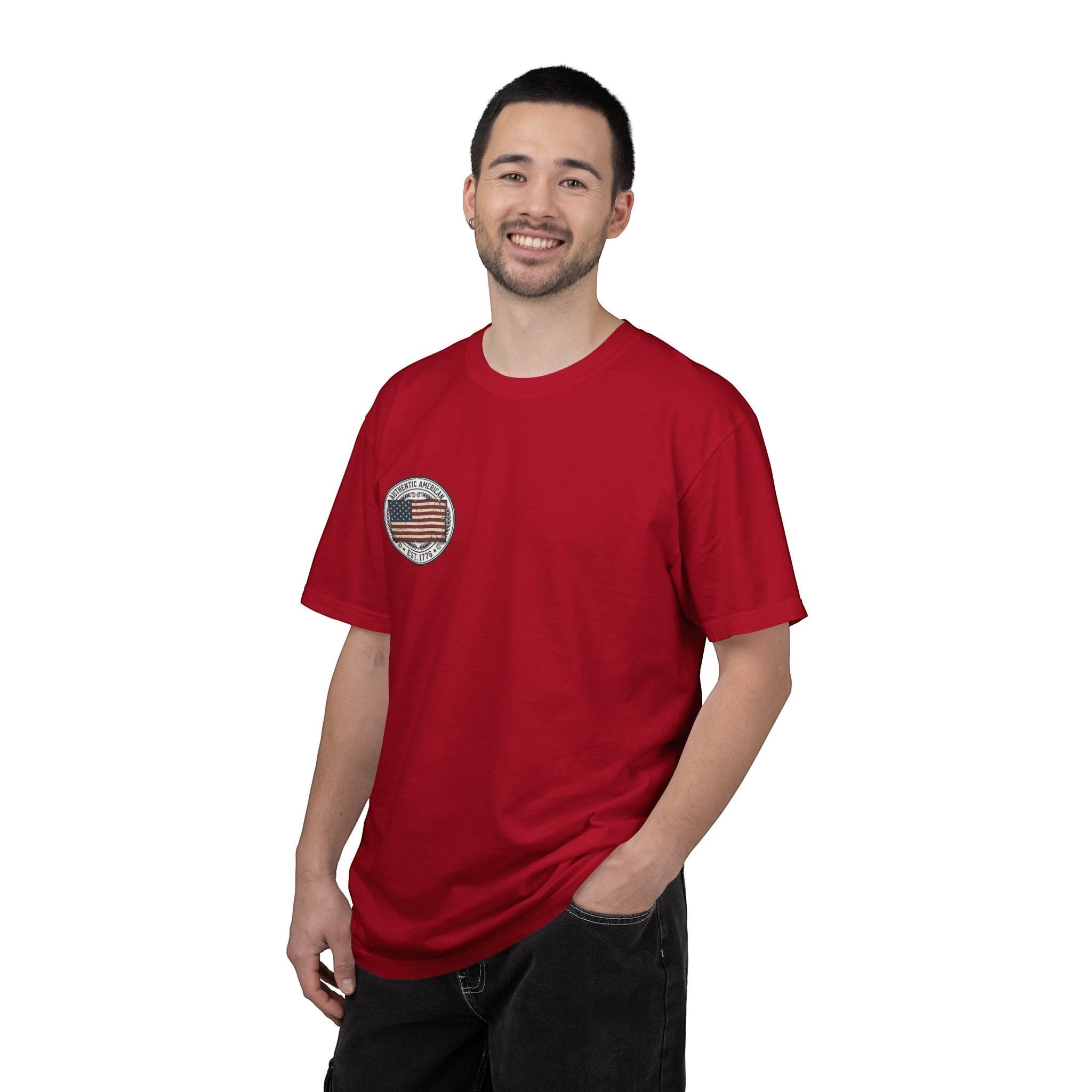 Naughty250 red cotton t-shirt with vintage American flag graphic and "Authentic American – Est. 1776" text.