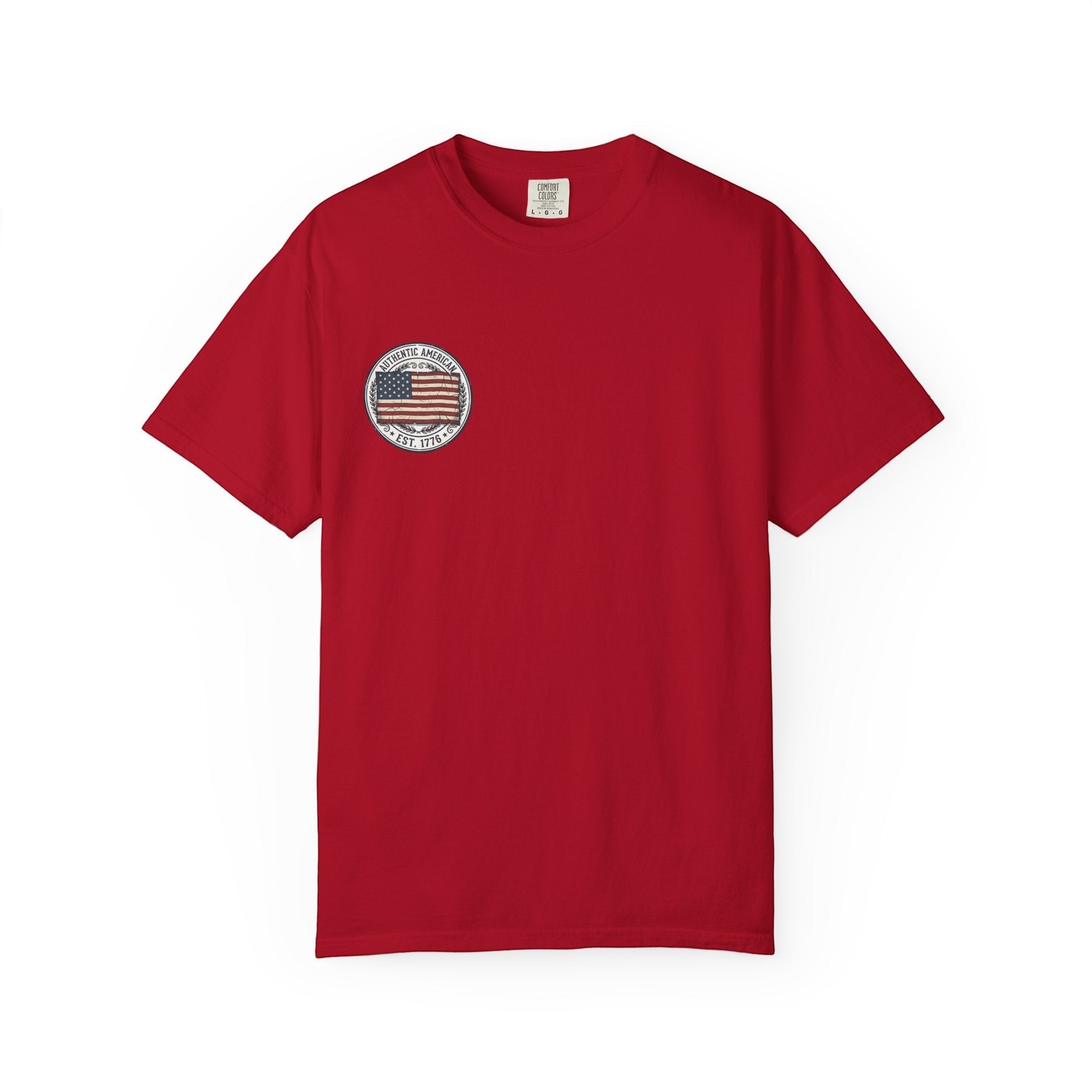 Naughty250 red cotton t-shirt with vintage American flag graphic "Authentic American Est. 1776"
