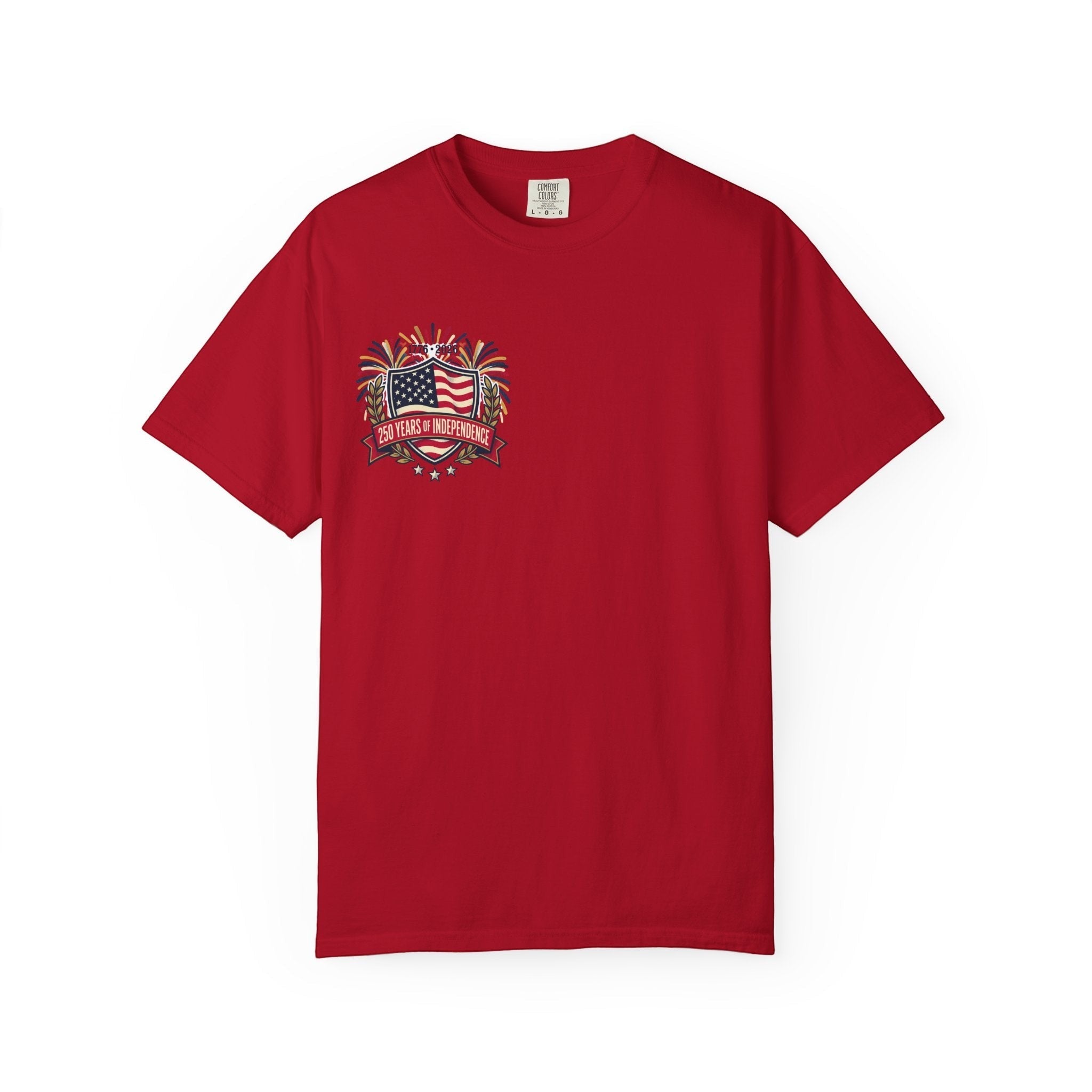 Naughty250 red 100% cotton t-shirt with "250 Years of Independence" graphic and American flag.