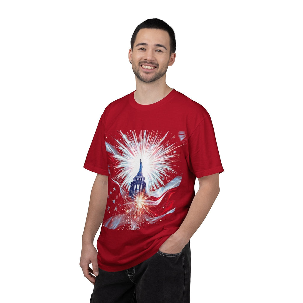 Naughty250 red cotton t-shirt with patriotic Capitol dome and fireworks graphic. Relaxed fit, 100% cotton.