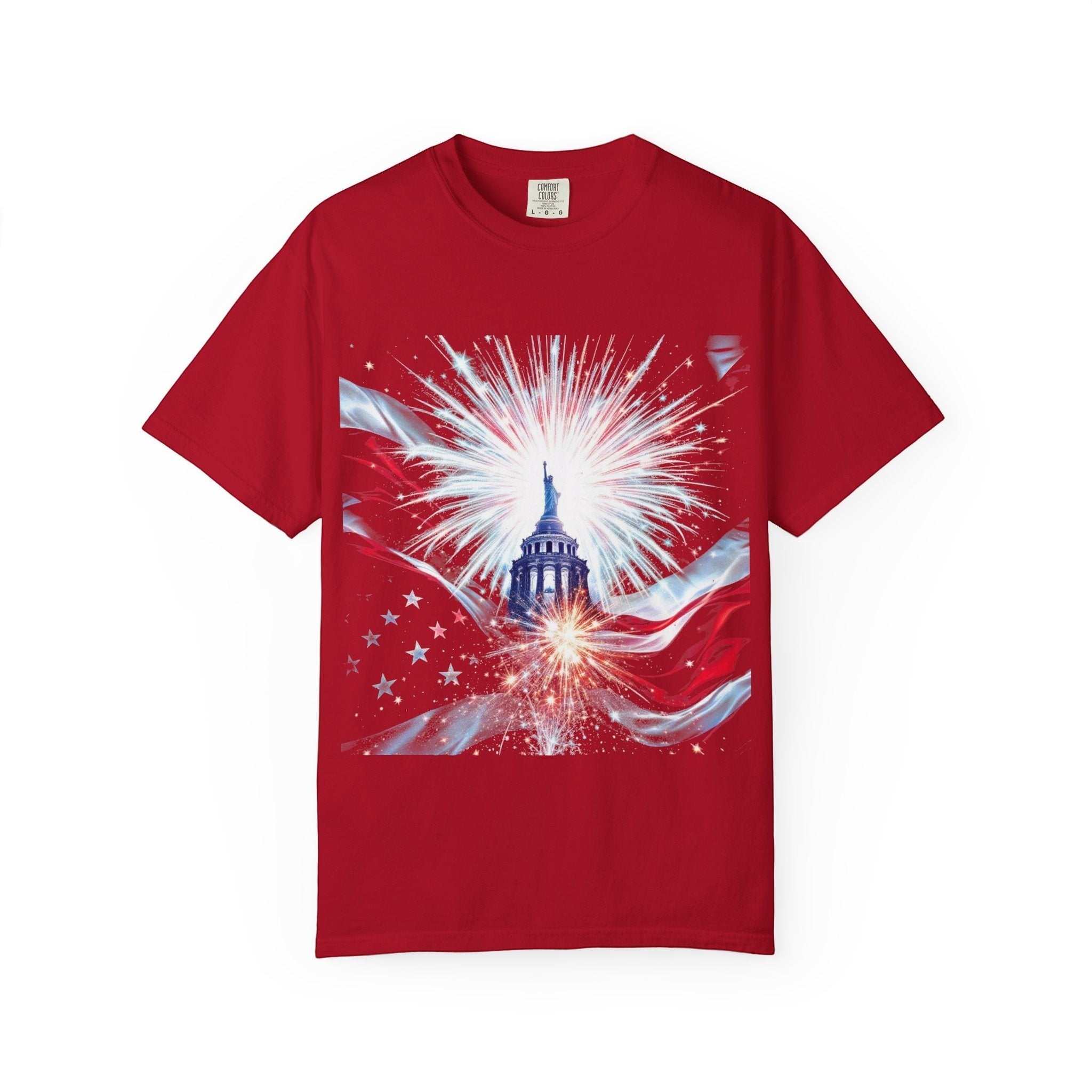 Naughty250 red cotton t-shirt with patriotic Capitol dome and fireworks graphic, perfect for 4th of July.