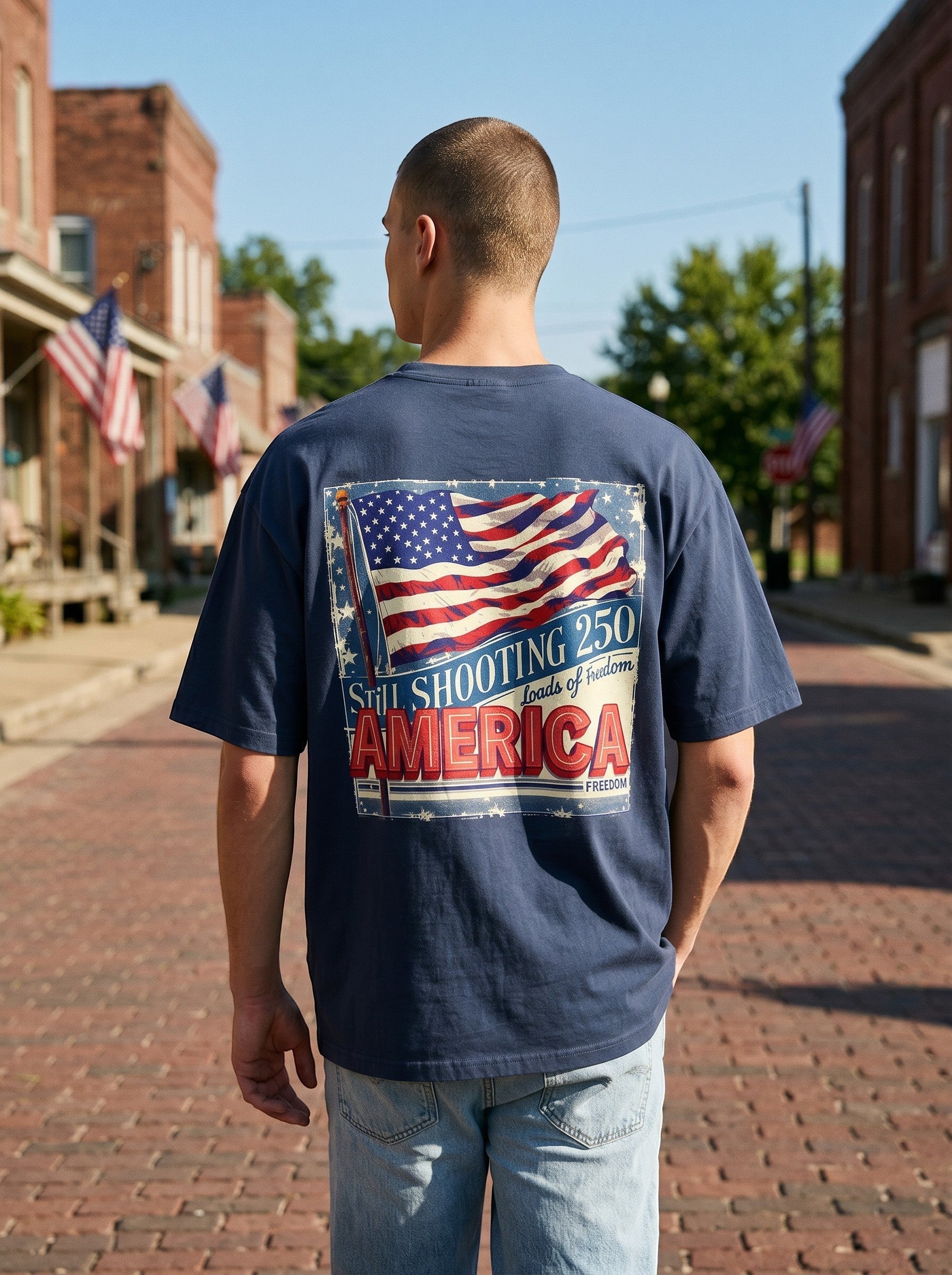 Naughty250 navy blue heavyweight cotton t-shirt with a vintage American flag graphic and "Still Shooting 250 America" text.