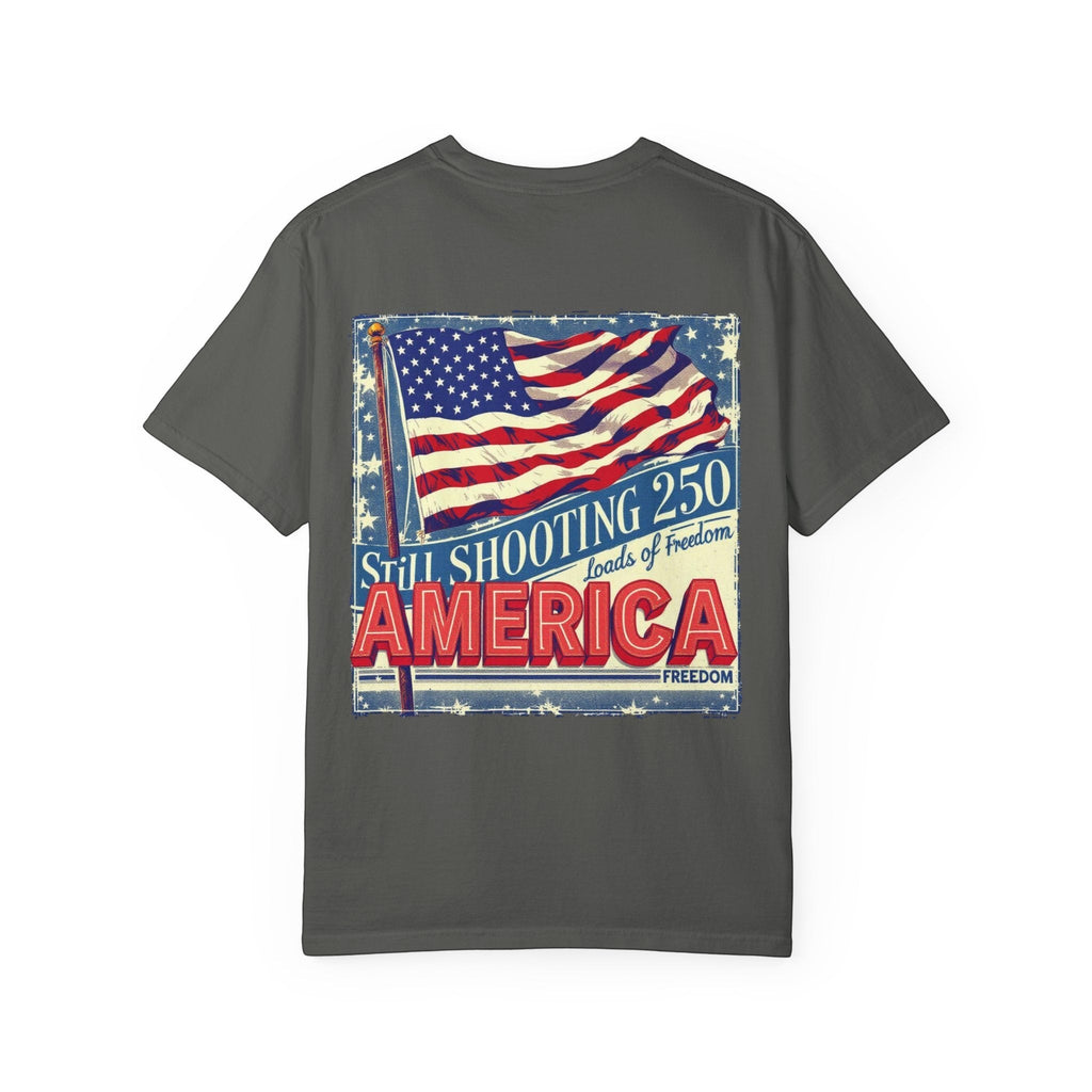Naughty250 dark grey heavyweight cotton t-shirt with vintage American flag graphic and "Still Shooting 250 America Loads of Freedom" text.