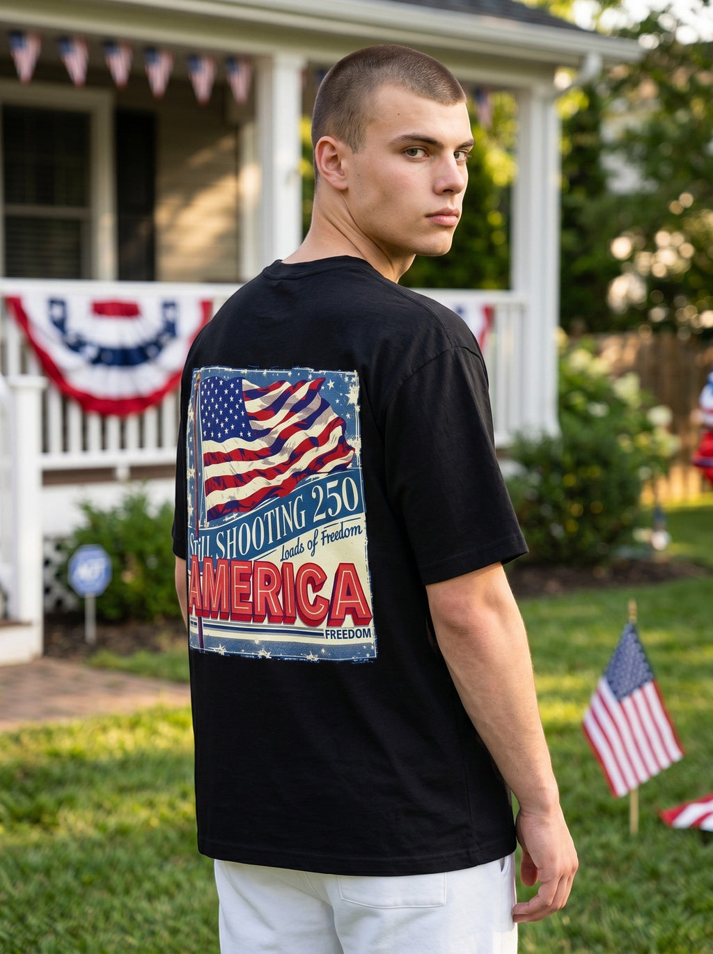 Naughty250 black heavyweight cotton t-shirt with vintage American flag graphic and "Still Shooting 250 Loads of Freedom America" text on back.