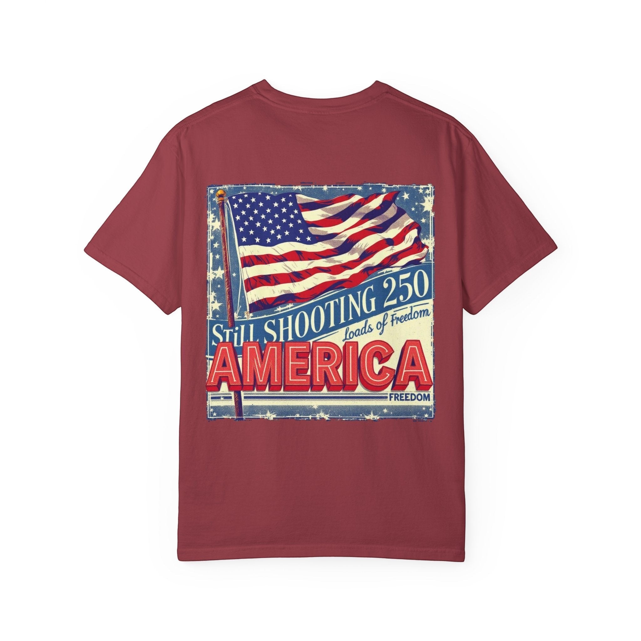 Naughty250 maroon heavyweight cotton tee with vintage American flag graphic and "Still Shooting 250 America Loads of Freedom" text.