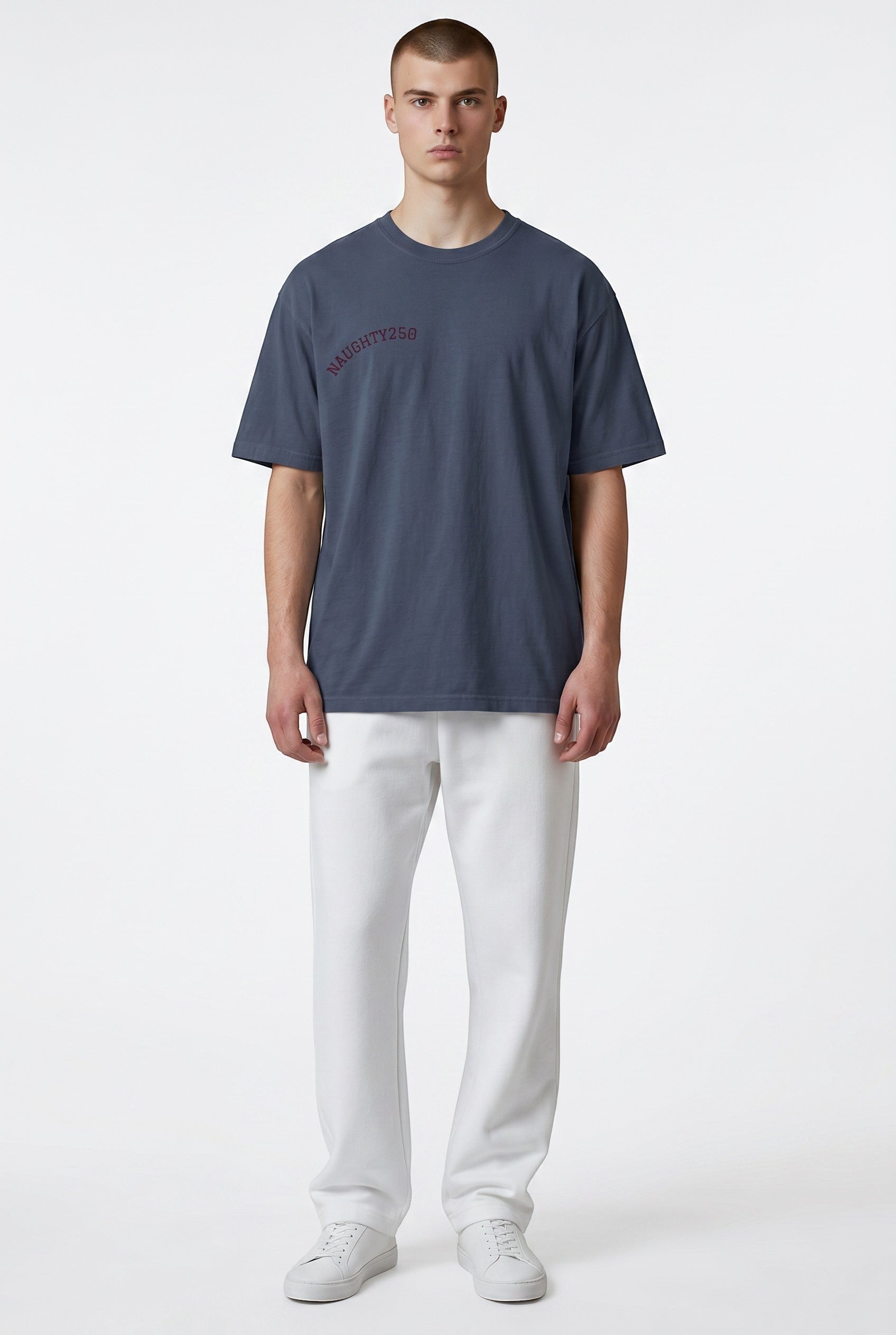 Naughty250 vintage patriotic tee in faded navy blue heavyweight cotton with relaxed fit and distressed graphic.