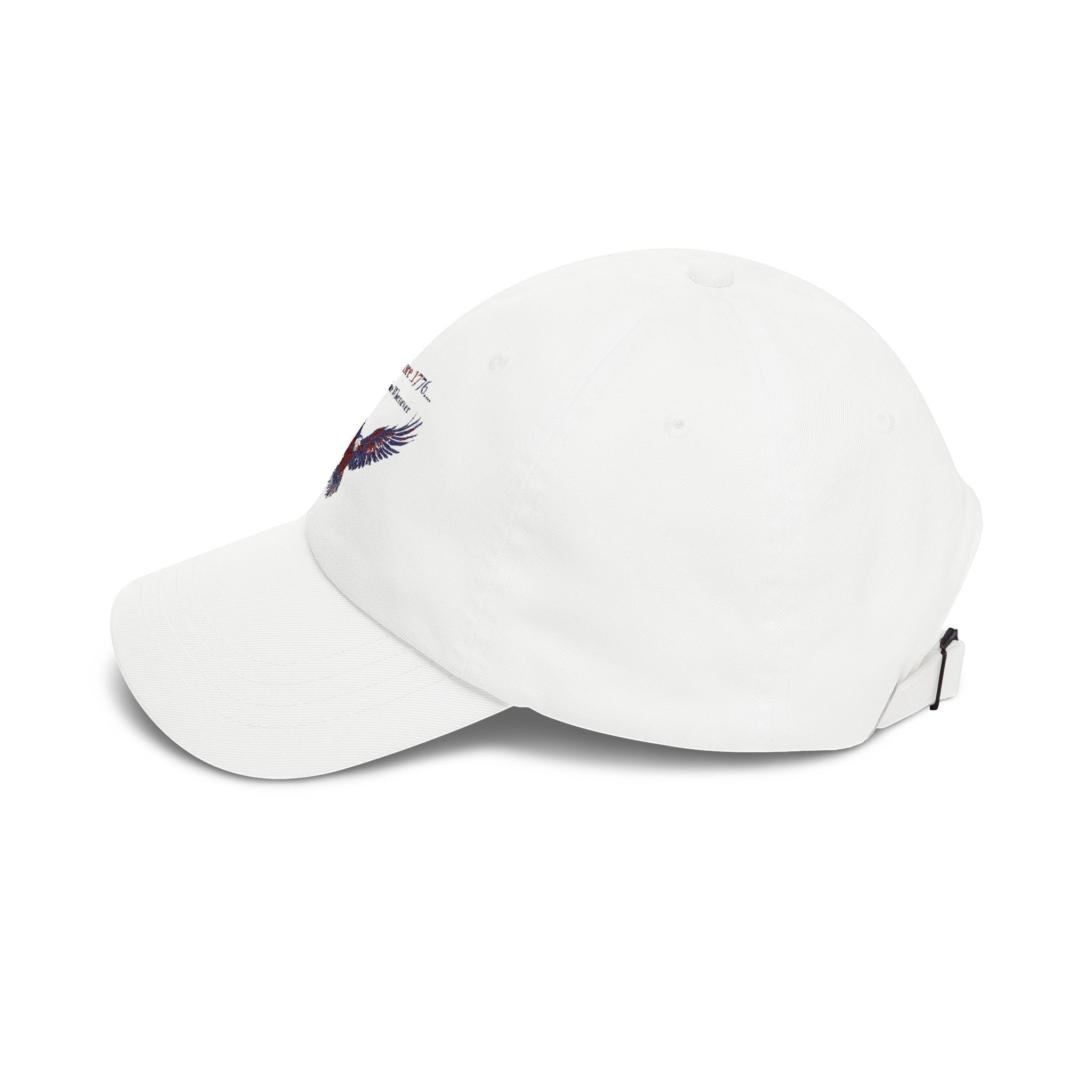 Naughty250 white 100% cotton dad cap with embroidered eagle and "Free since 1776... Wet since whenever" text.