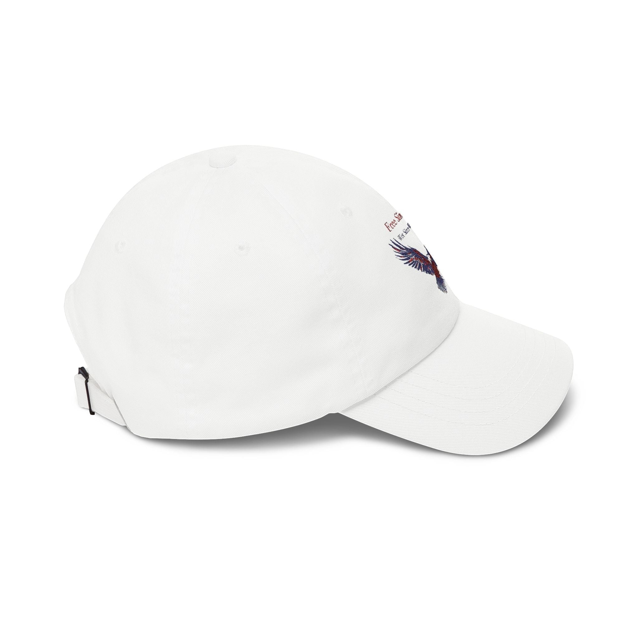 Naughty250 white 100% cotton dad cap with eagle graphic and "Free Since 1776" text.