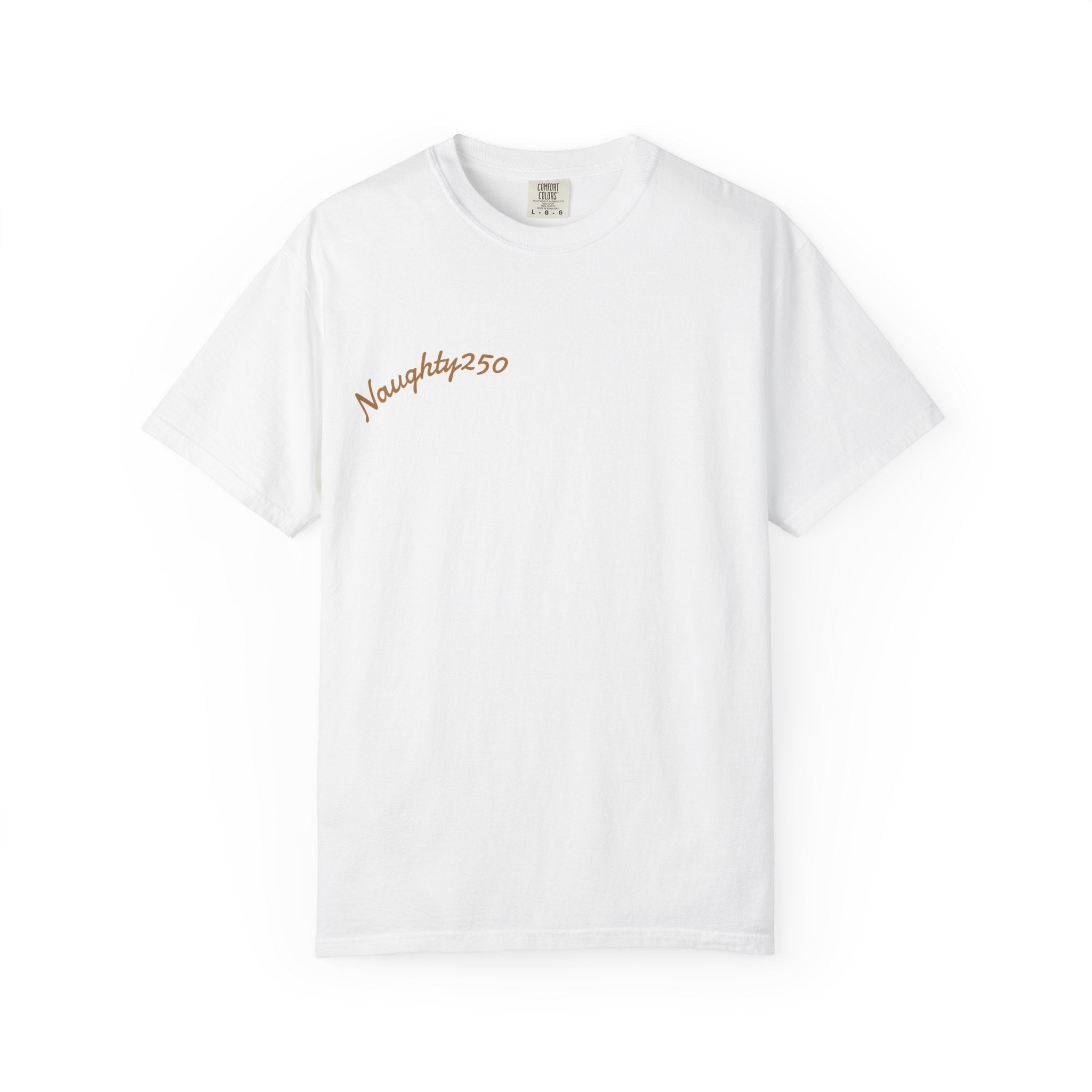 Naughty250 white 100% cotton heavyweight t-shirt with relaxed fit and embroidered logo.
