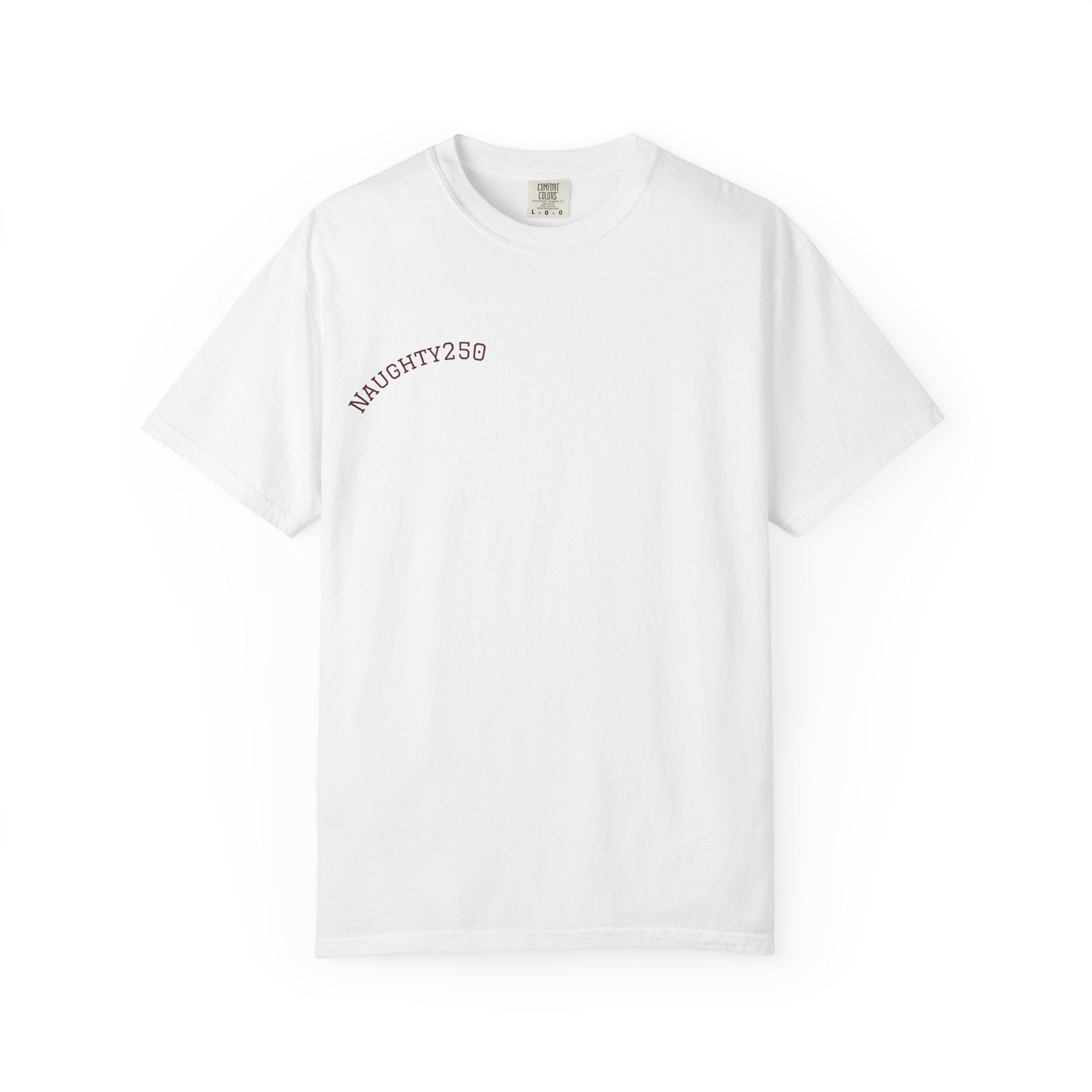 Naughty250 white heavyweight cotton t-shirt with retro American flag graphic and "Still Shooting 250 America" text.